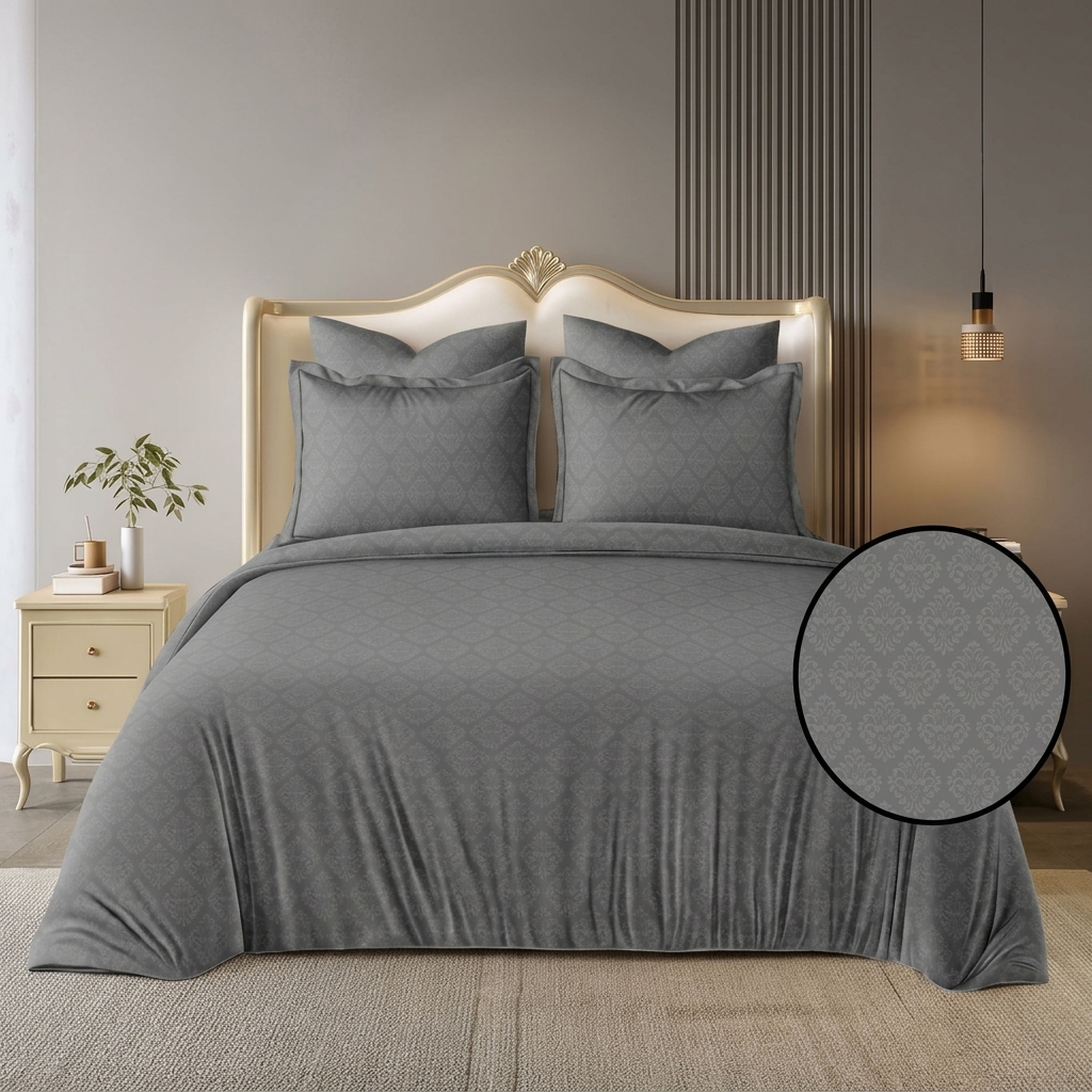 Rosiala Baroque Embossed Bedsheet – Charcoal (Super King 108" × 108")