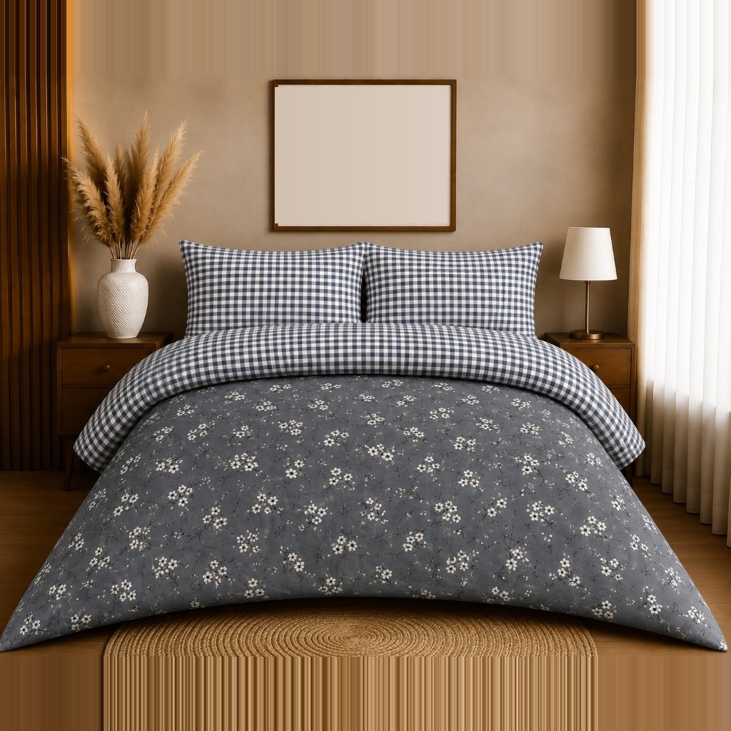 Lamina Ultra Comfy 4 Pcs Set with Reversible Quilt – Slate Floral & Gingham Check (90" × 100")
