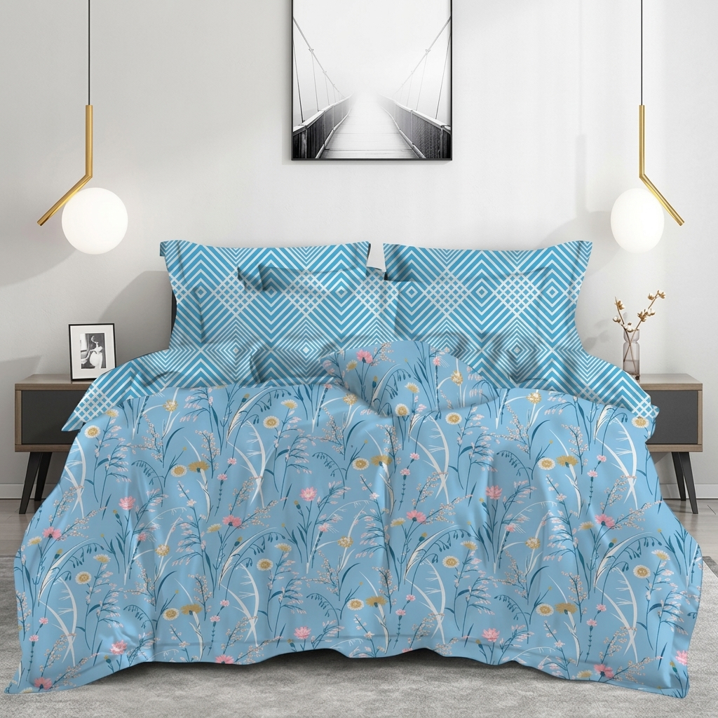 Lamina Ultra Comfy 4 Pcs Set with Reversible Quilt – Cerulean Wildflower Field & Cyan Chevron (90" × 100")