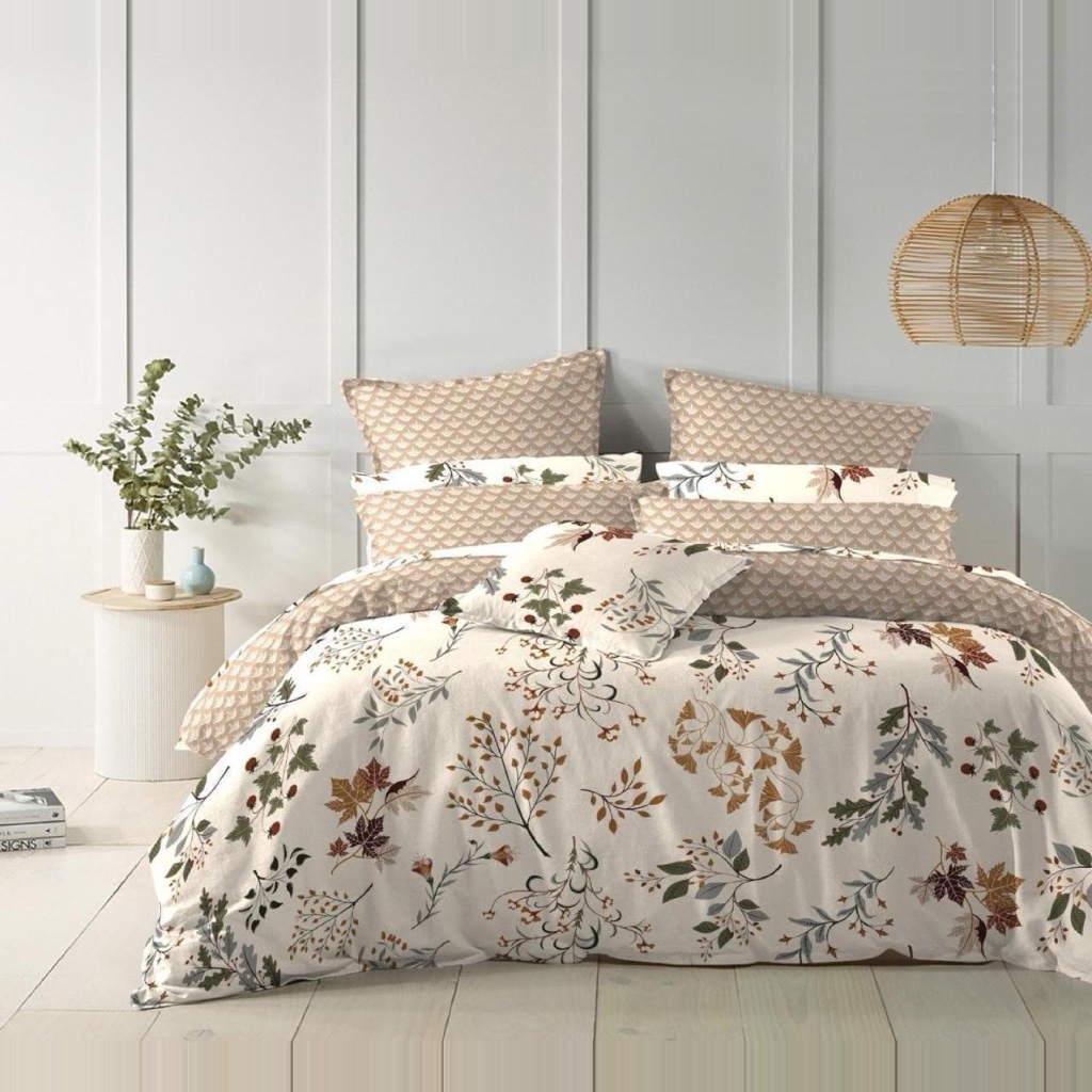 Lamina Ultra Comfy 4 Pcs Set with Reversible Quilt – Autumn Woodland & Almond Scallop (90" × 100")
