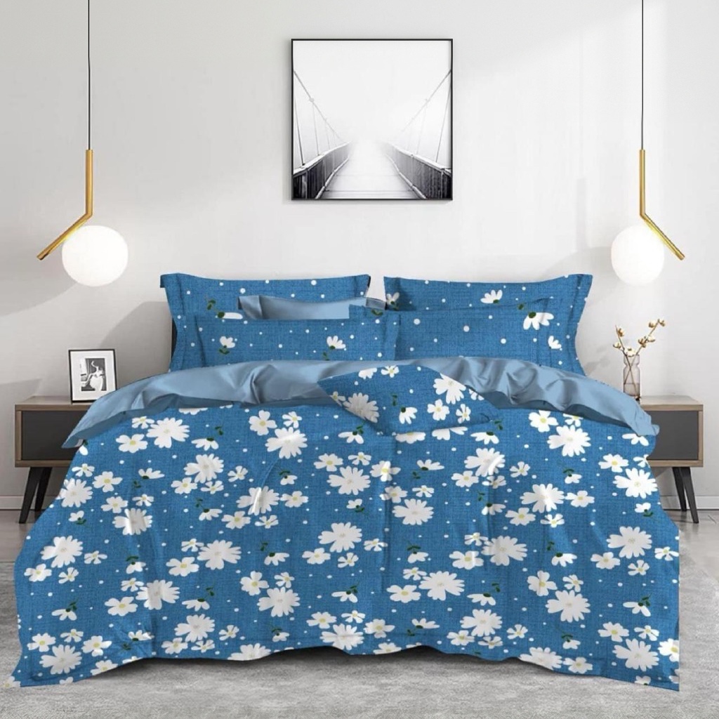 Lamina Ultra Comfy 4 Pcs Set with Reversible Quilt – Denim Blue Daisy Meadow (90" × 100")