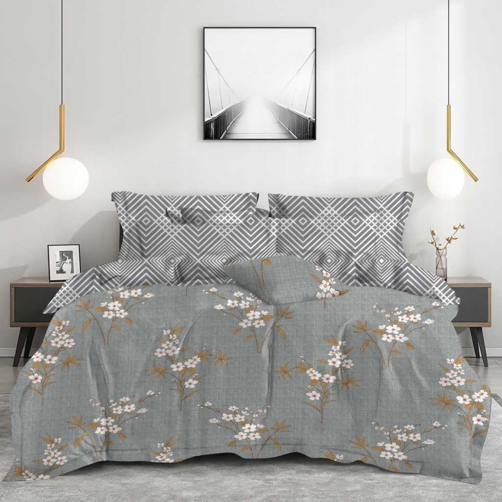 Lamina Ultra Comfy 4 Pcs Set with Reversible Quilt – Heather Grey Blossom & Chevron Lattice (90" × 100")