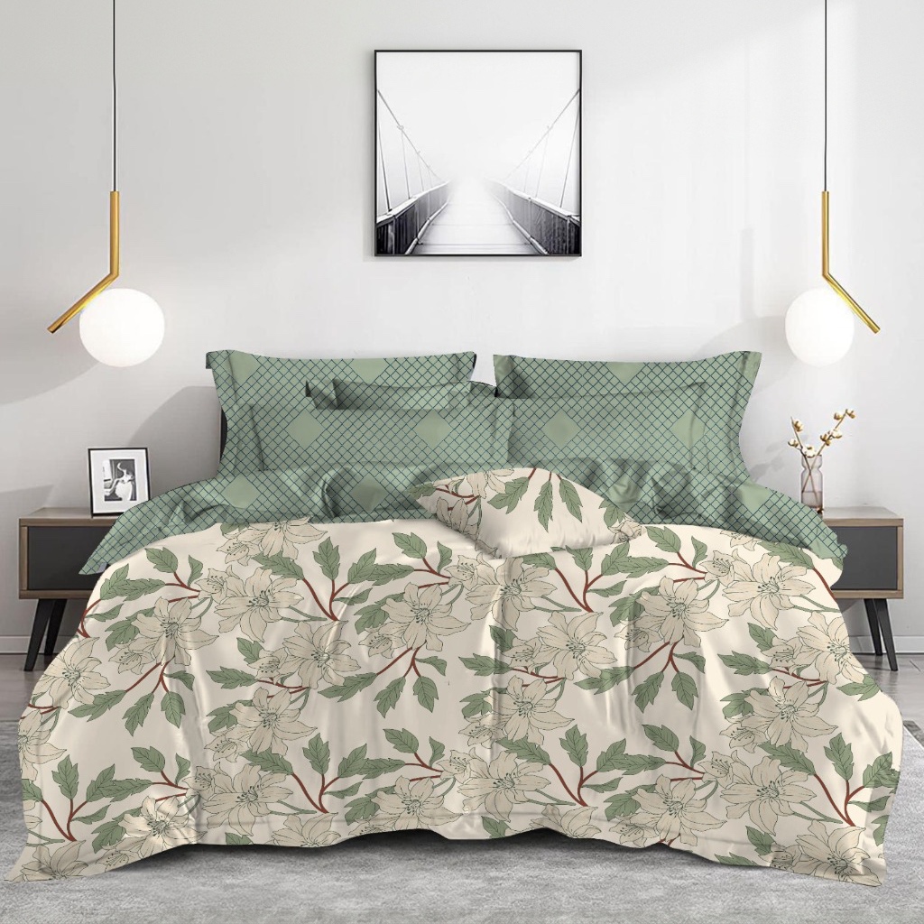 Lamina Ultra Comfy 4 Pcs Set with Reversible Quilt – Sage Green Lattice & Magnolia (90" × 100")