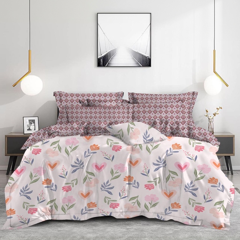 Lamina Ultra Comfy 4 Pcs Set with Reversible Quilt – Pastel Hearts & Berry Lattice (90" × 100")