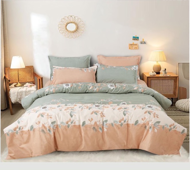 Orva Classic Double Bedsheet – Blush Peach & Sage Botanical Border (90" × 100")