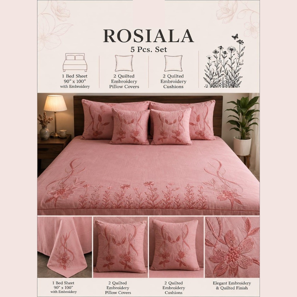 Rosiala Luxury Embroidered 5 Pcs Set – Dusty Rose Floral (90" × 100")