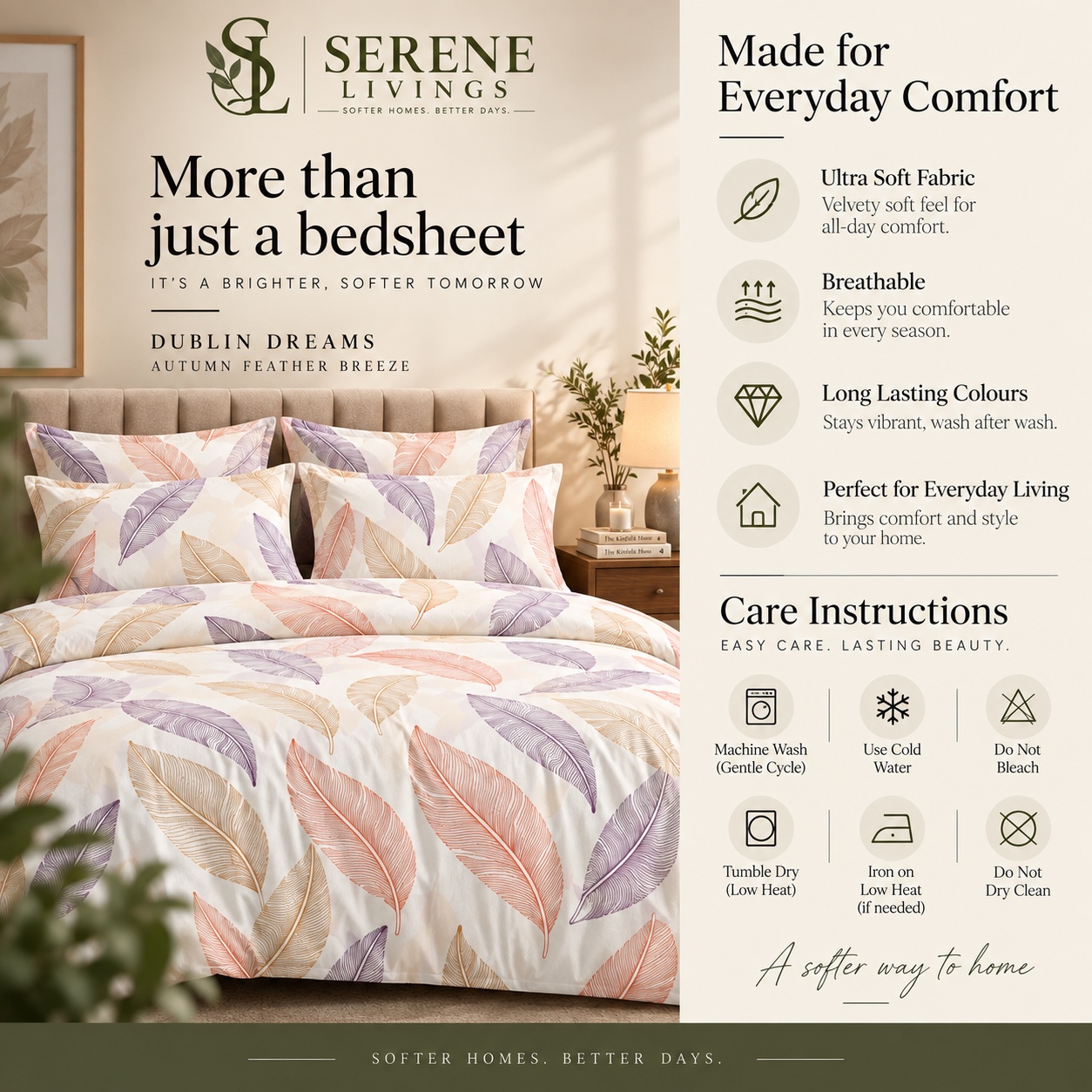 Serene Livings Dublin Dreams Bedsheet – Autumn Feather Breeze (Super King 108" × 108") – Key Features & Benefits
