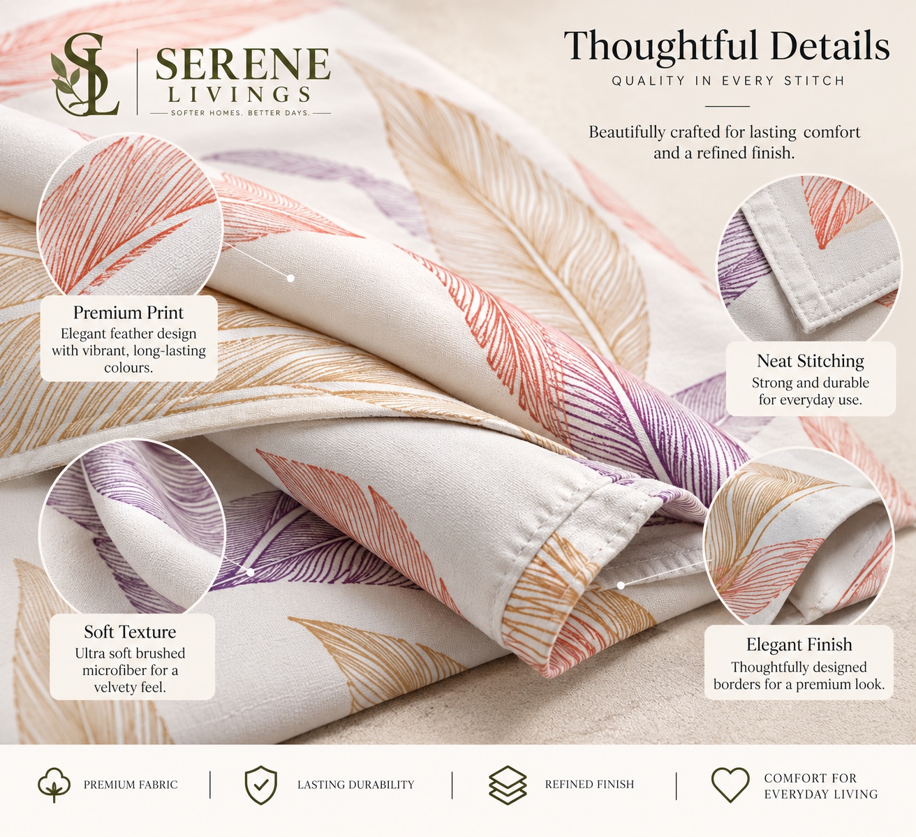 Serene Livings Dublin Dreams Bedsheet – Autumn Feather Breeze (Super King 108" × 108") – Craftsmanship & Stitching Details
