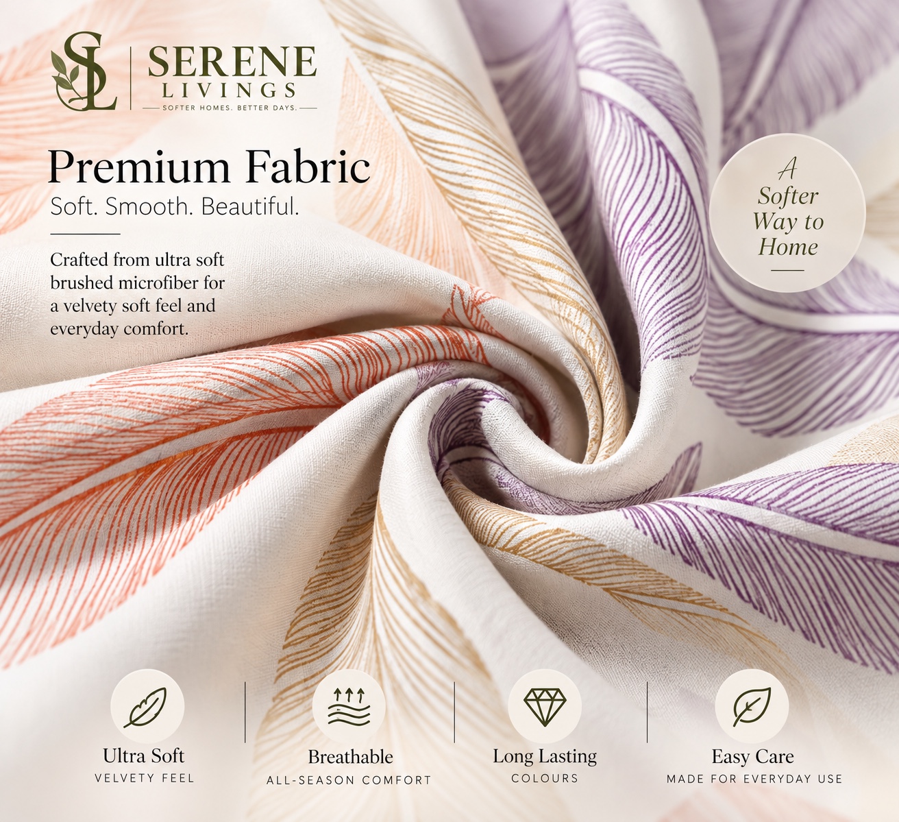 Serene Livings Dublin Dreams Bedsheet – Autumn Feather Breeze (Super King 108" × 108") – Fabric & Weave Texture Close-up