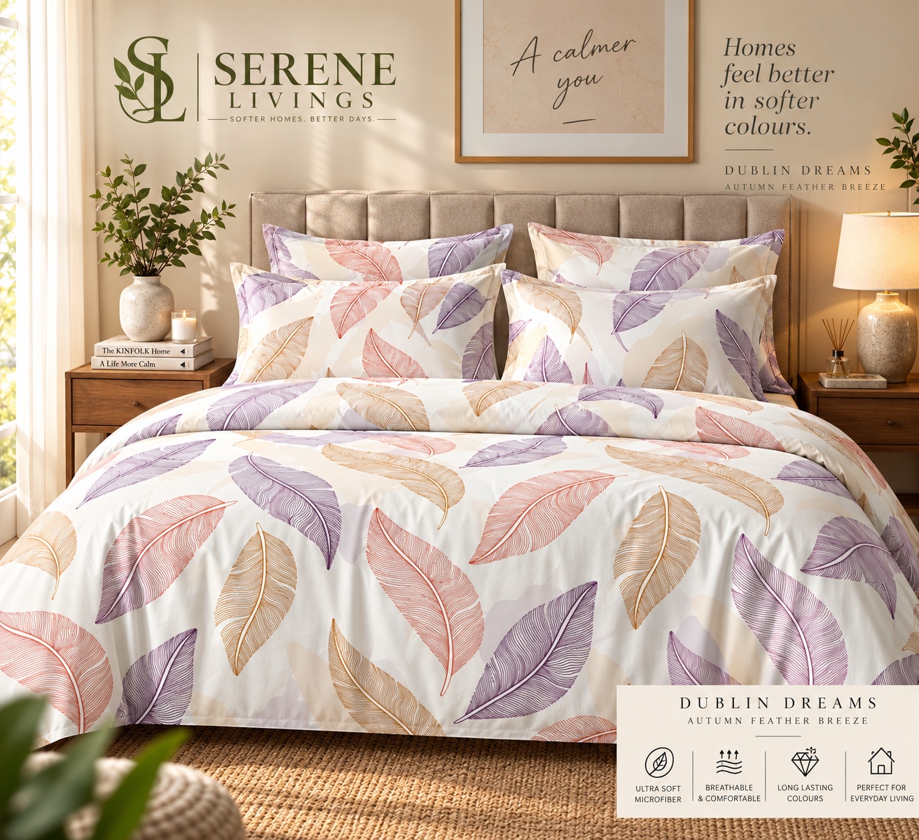 Serene Livings Dublin Dreams Bedsheet – Autumn Feather Breeze (Super King 108" × 108") – Hero Lifestyle Presentation