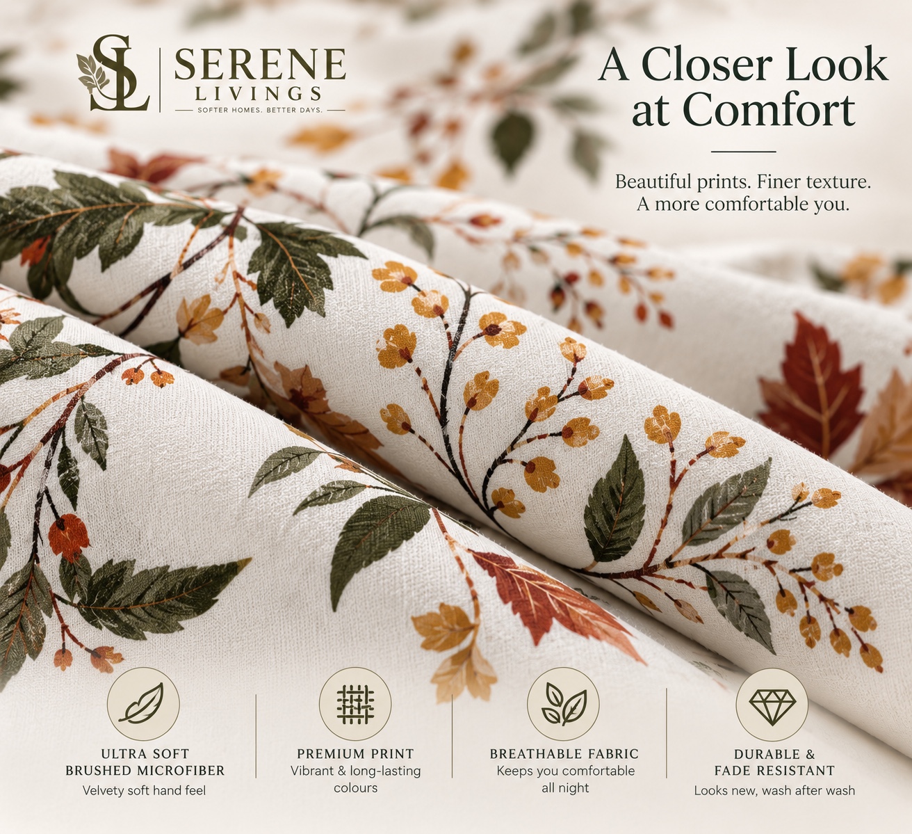 Serene Livings Dublin Dreams Bedsheet – Autumn Woodland Flora (Super King 108" × 108") – Fabric & Weave Texture Close-up