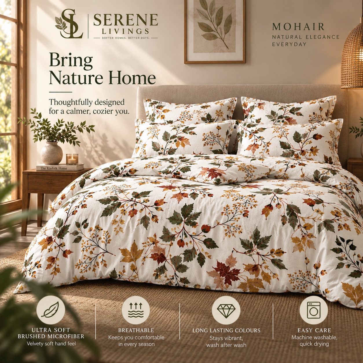 Serene Livings Dublin Dreams Bedsheet – Autumn Woodland Flora (Super King 108" × 108") – Hero Lifestyle Presentation