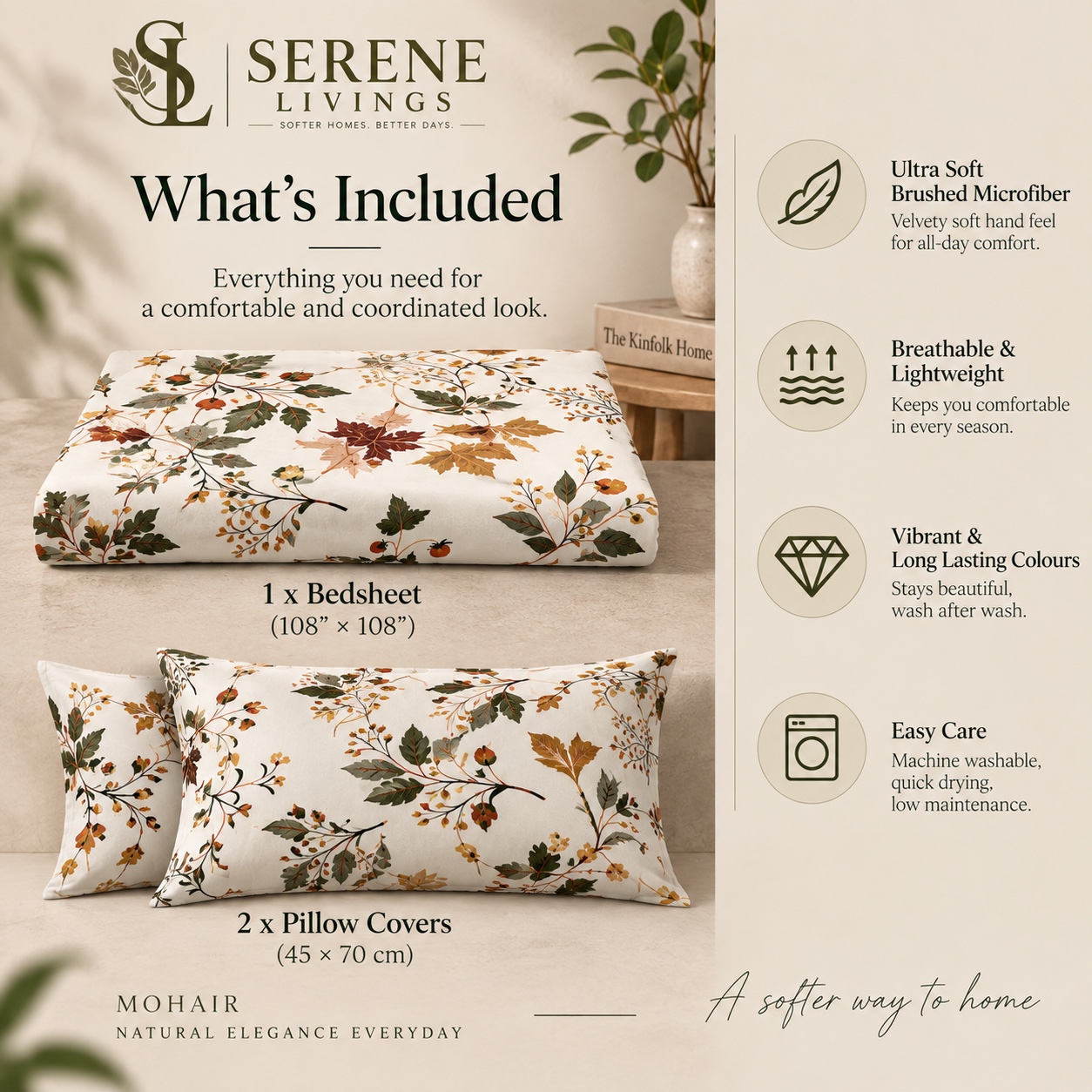 Serene Livings Dublin Dreams Bedsheet – Autumn Woodland Flora (Super King 108" × 108") – What is Included & Bedding Dimensions