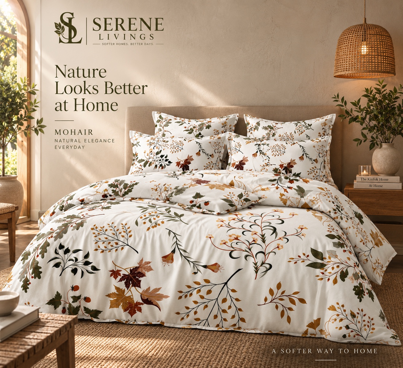 Serene Livings Dublin Dreams Bedsheet – Autumn Woodland Flora (Super King 108" × 108") – Bedroom Styling & Aesthetic Details