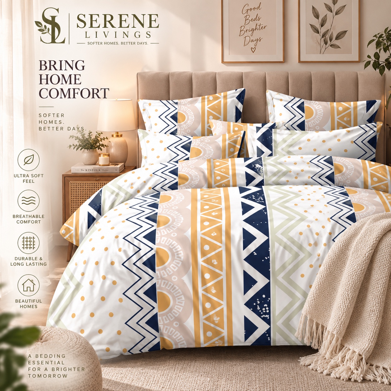 Serene Livings Dublin Dreams Bedsheet – Boho Aztec Geometric (Super King 108" × 108") – Hero Lifestyle Presentation