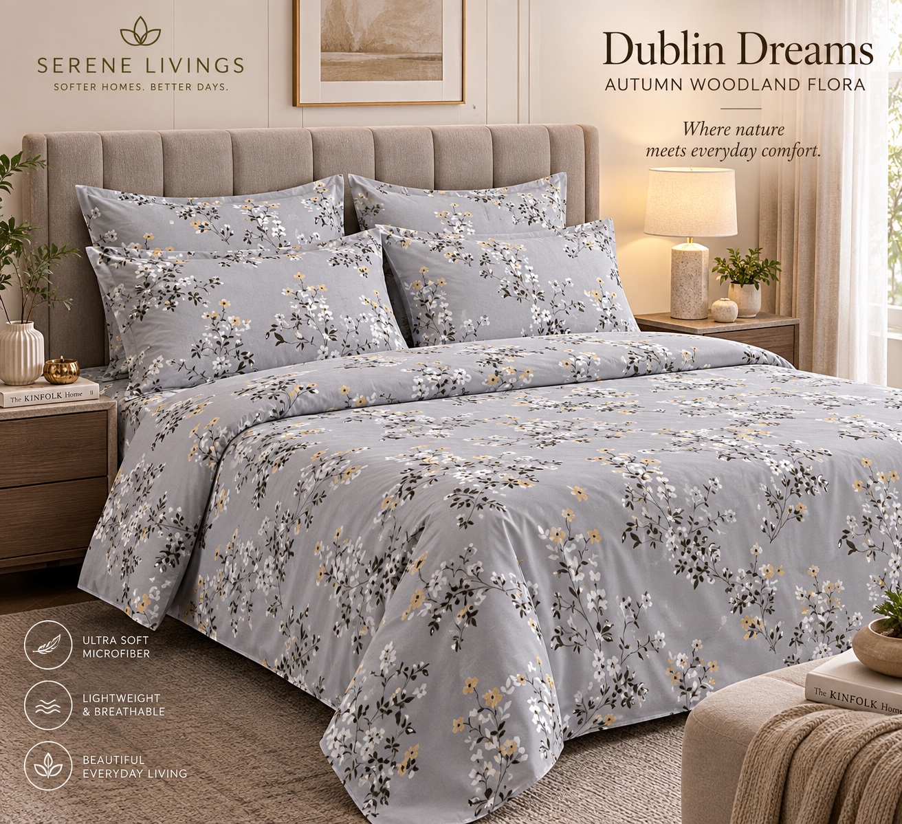 Serene Livings Dublin Dreams Bedsheet – Cloud Grey Floral Whisper (Super King 108" × 108") – Craftsmanship & Stitching Details