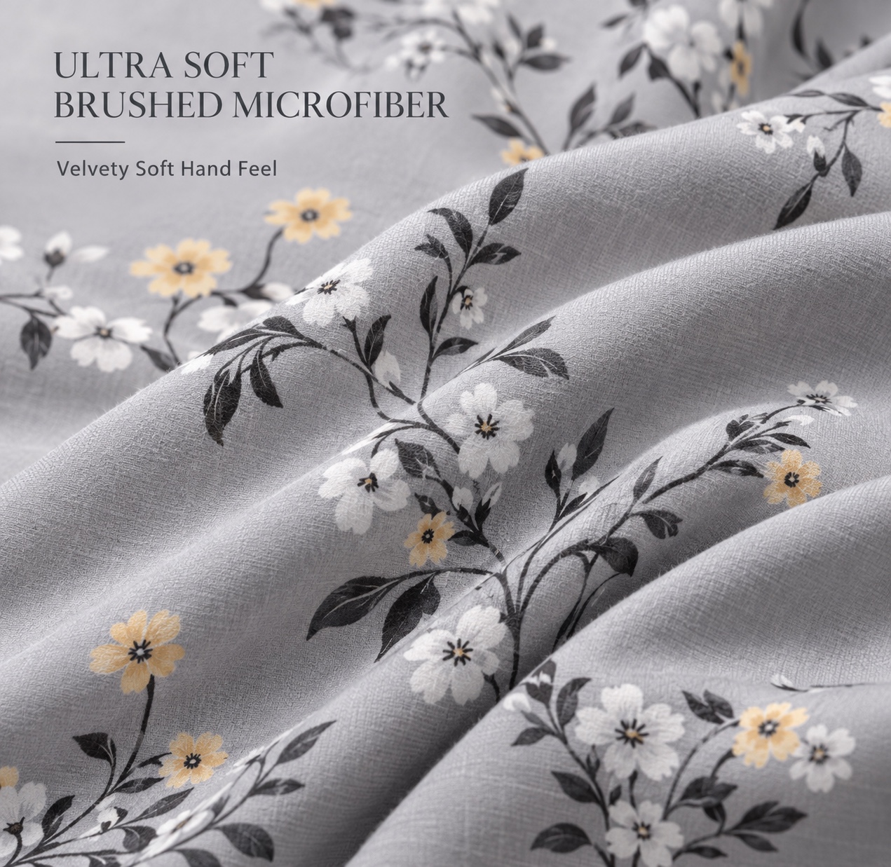 Serene Livings Dublin Dreams Bedsheet – Cloud Grey Floral Whisper (Super King 108" × 108") – Fabric & Weave Texture Close-up