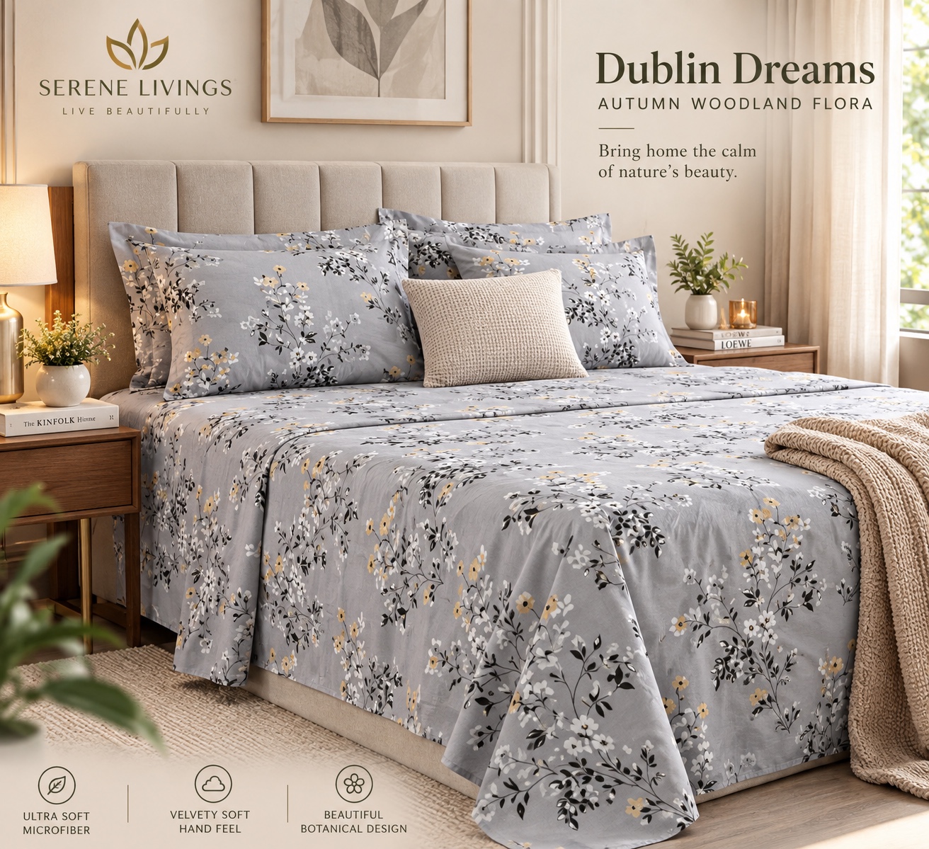 Serene Livings Dublin Dreams Bedsheet – Cloud Grey Floral Whisper (Super King 108" × 108") – Hero Lifestyle Presentation