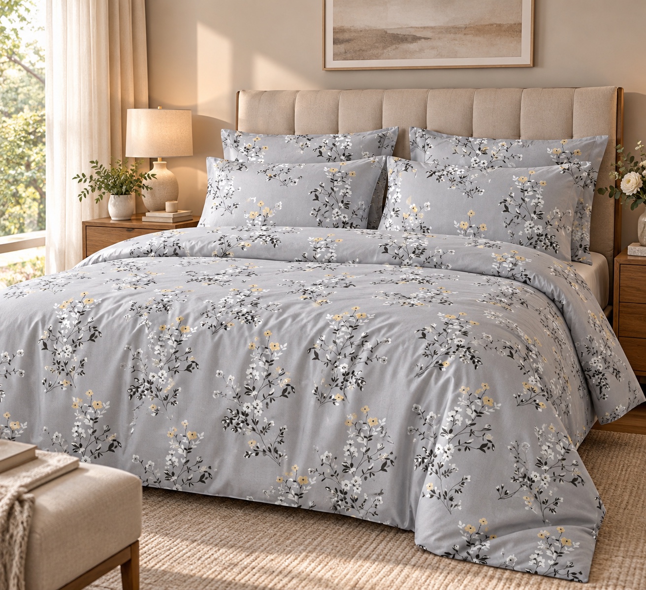 Serene Livings Dublin Dreams Bedsheet – Cloud Grey Floral Whisper (Super King 108" × 108") – Clean Lifestyle Presentation