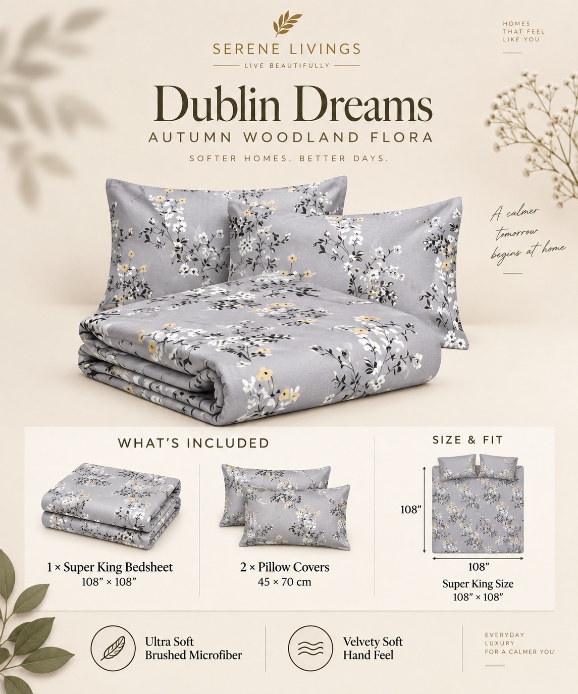 Serene Livings Dublin Dreams Bedsheet – Cloud Grey Floral Whisper (Super King 108" × 108") – What is Included & Bedding Dimensions