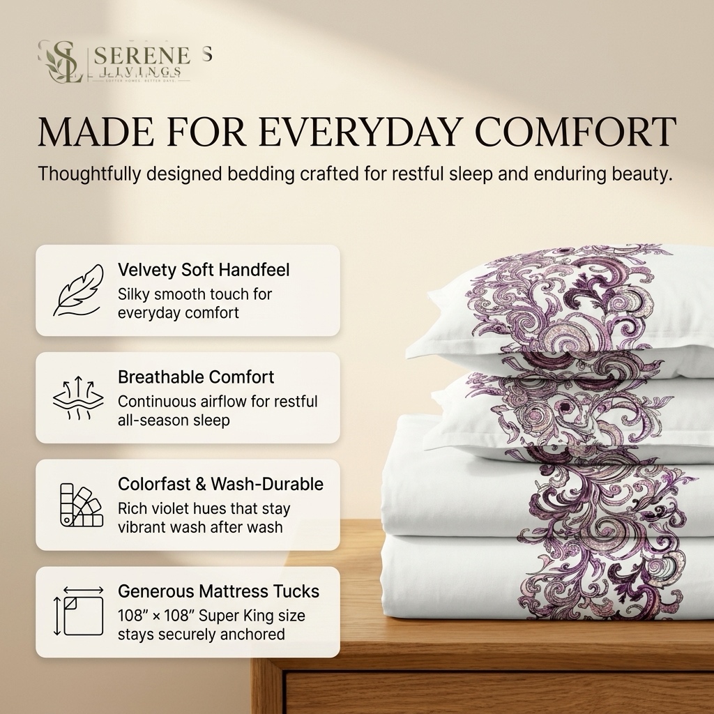 Key benefits: 100% pure cotton, hypoallergenic, all-season comfort, color-fast guarantee, and zero-tuck slipping