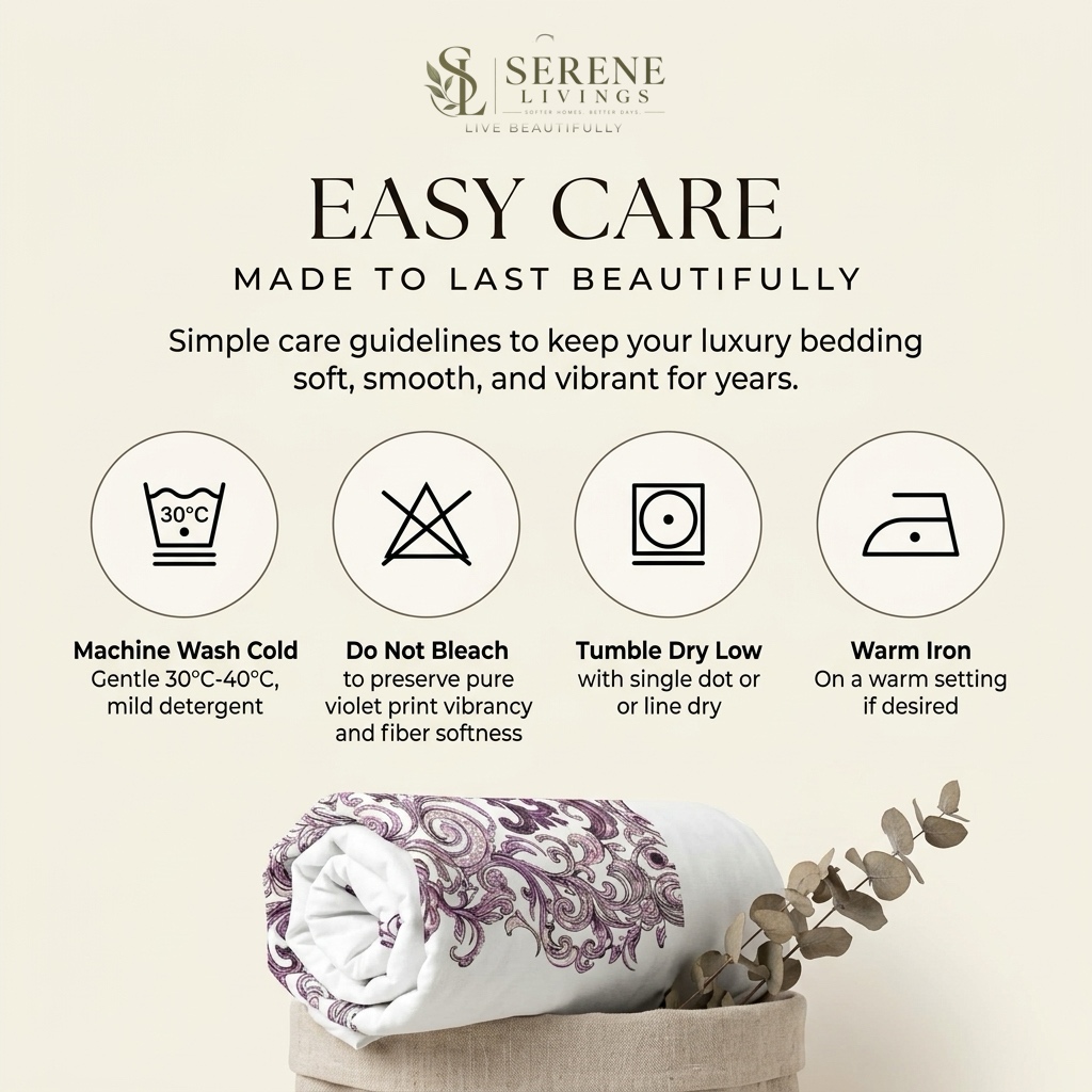 Easy care guide: machine wash cold gentle cycle, tumble dry low, warm iron if needed, do not bleach