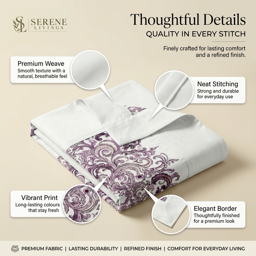 Artisan European baroque scrollwork pattern and durable lock-stitched borders on Serene Livings bedsheet
