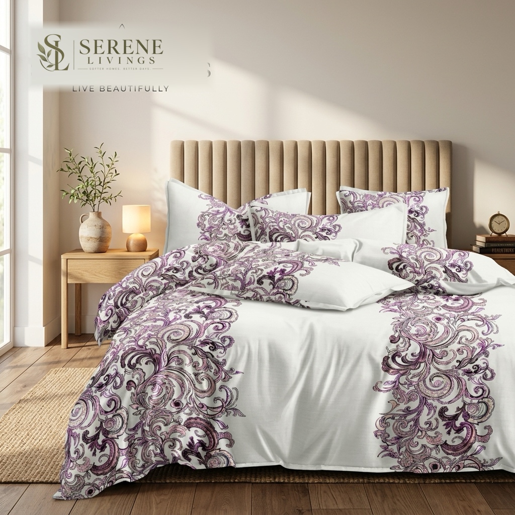Dublin Dreams Imperial Purple Baroque Scroll 100% Cotton Super King Bedsheet in master bedroom luxury styling by Serene Livings