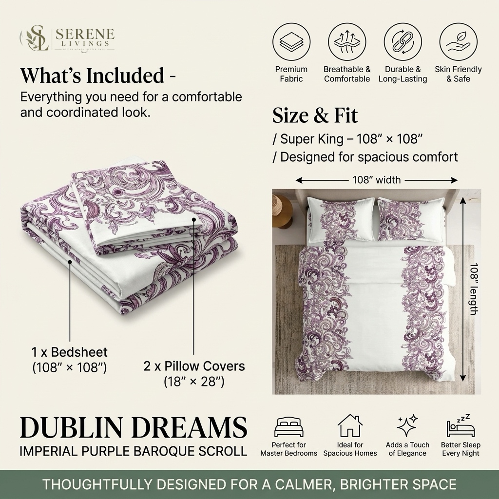 Complete 3-piece bedding set includes 1 Super King bedsheet (108 x 108 inches) and 2 matching pillow covers (18 x 28 inches)
