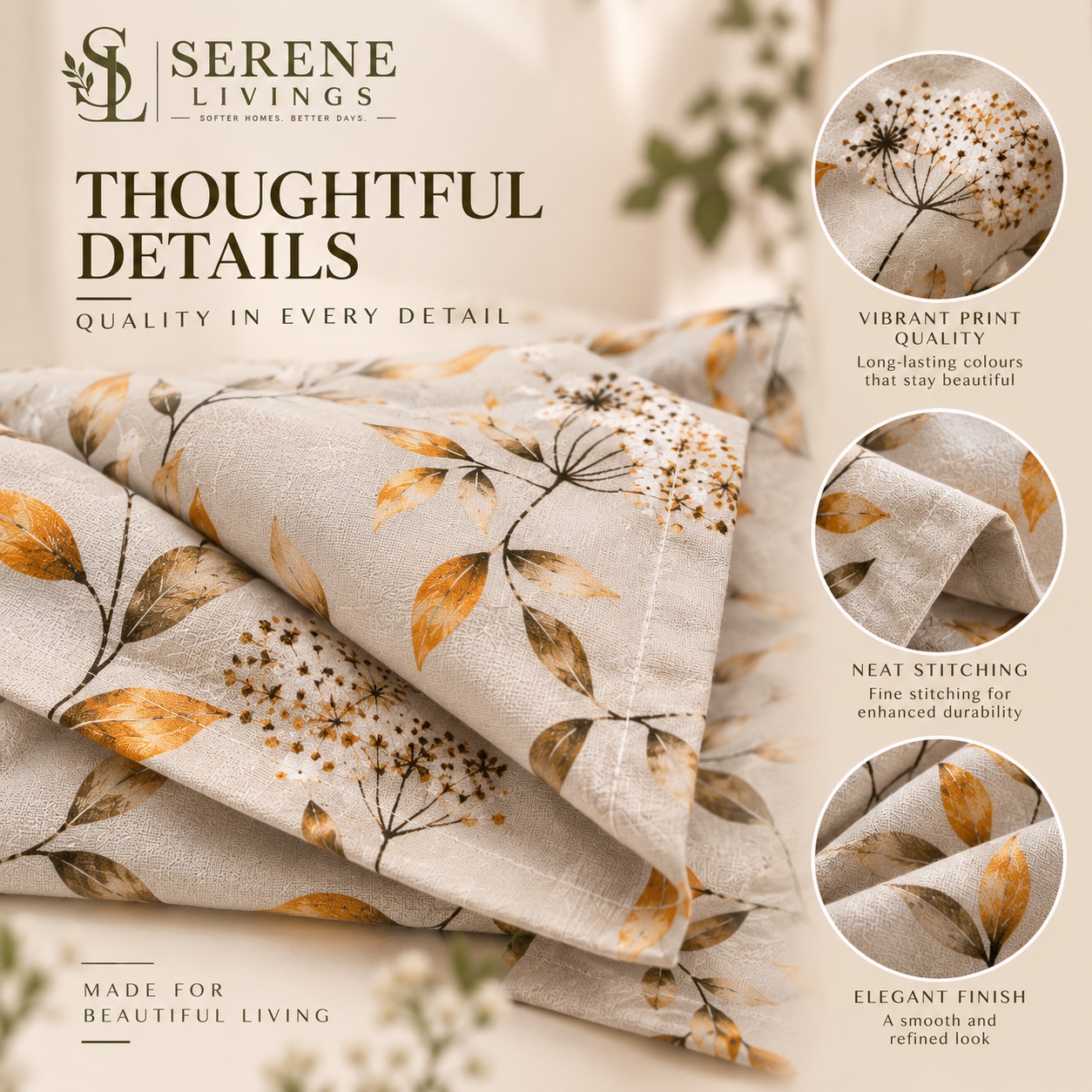 Serene Livings Dublin Dreams Bedsheet – Ivory Botanical Whisper (Super King 108" × 108") – Craftsmanship & Stitching Details