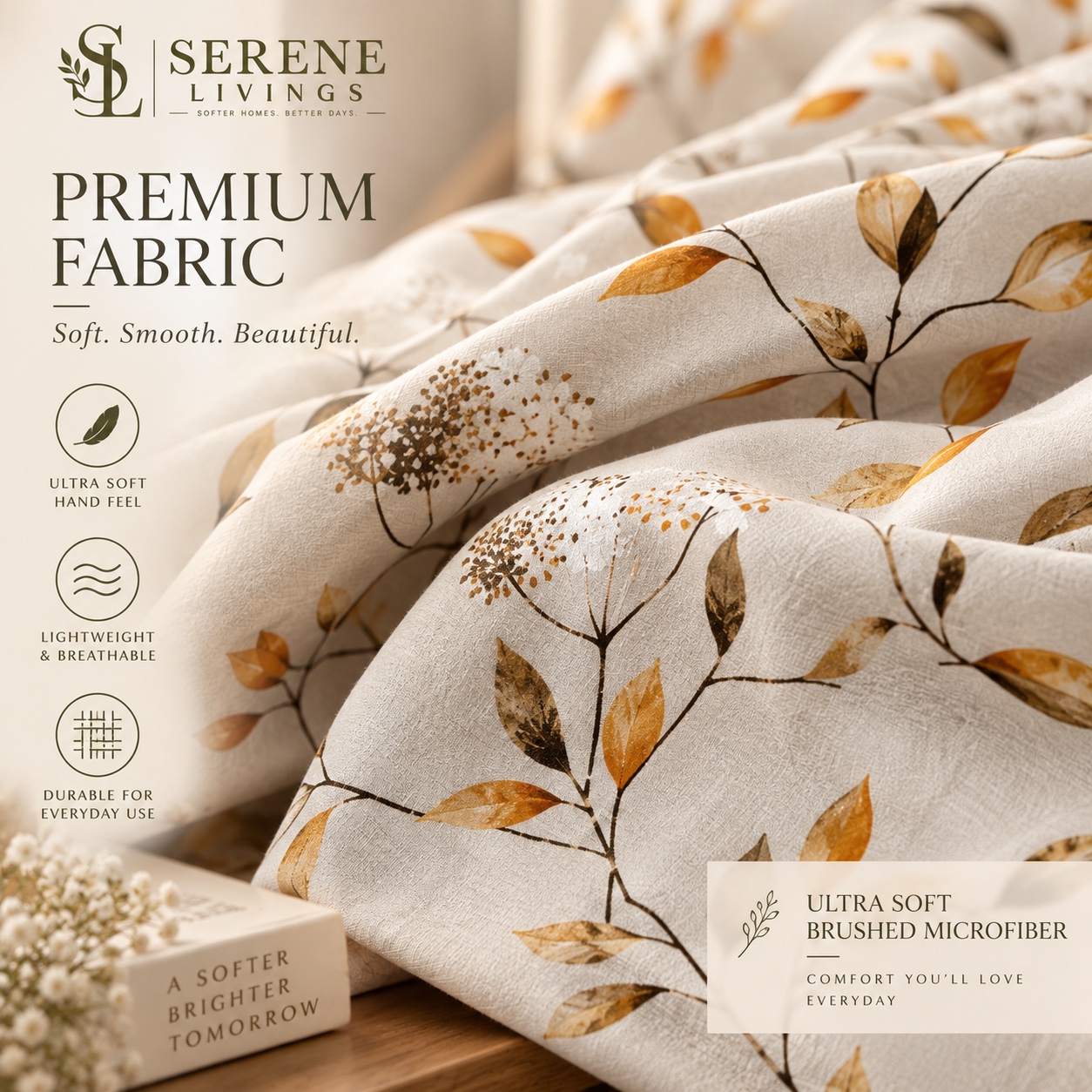 Serene Livings Dublin Dreams Bedsheet – Ivory Botanical Whisper (Super King 108" × 108") – Fabric & Weave Texture Close-up