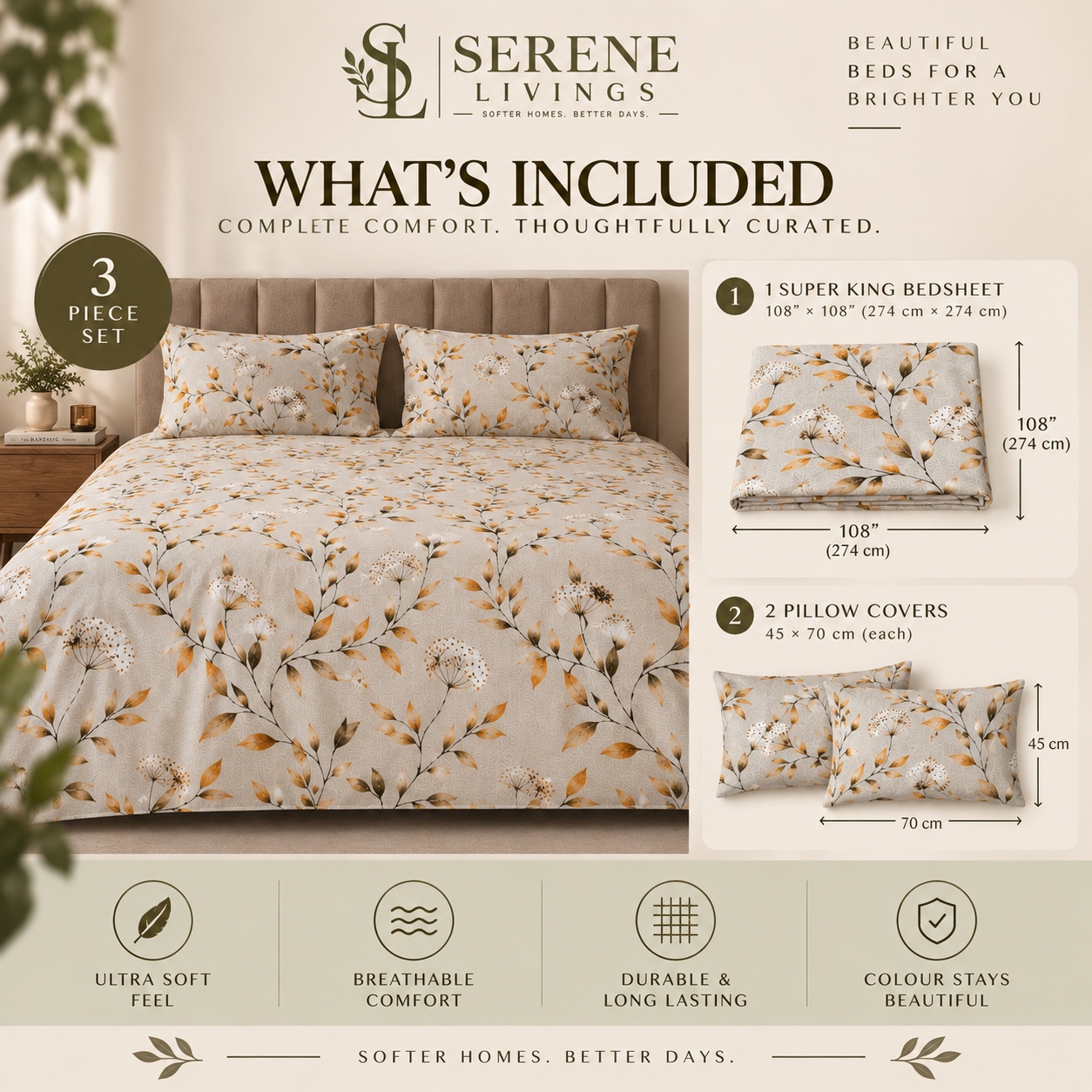 Serene Livings Dublin Dreams Bedsheet – Ivory Botanical Whisper (Super King 108" × 108") – What is Included & Bedding Dimensions