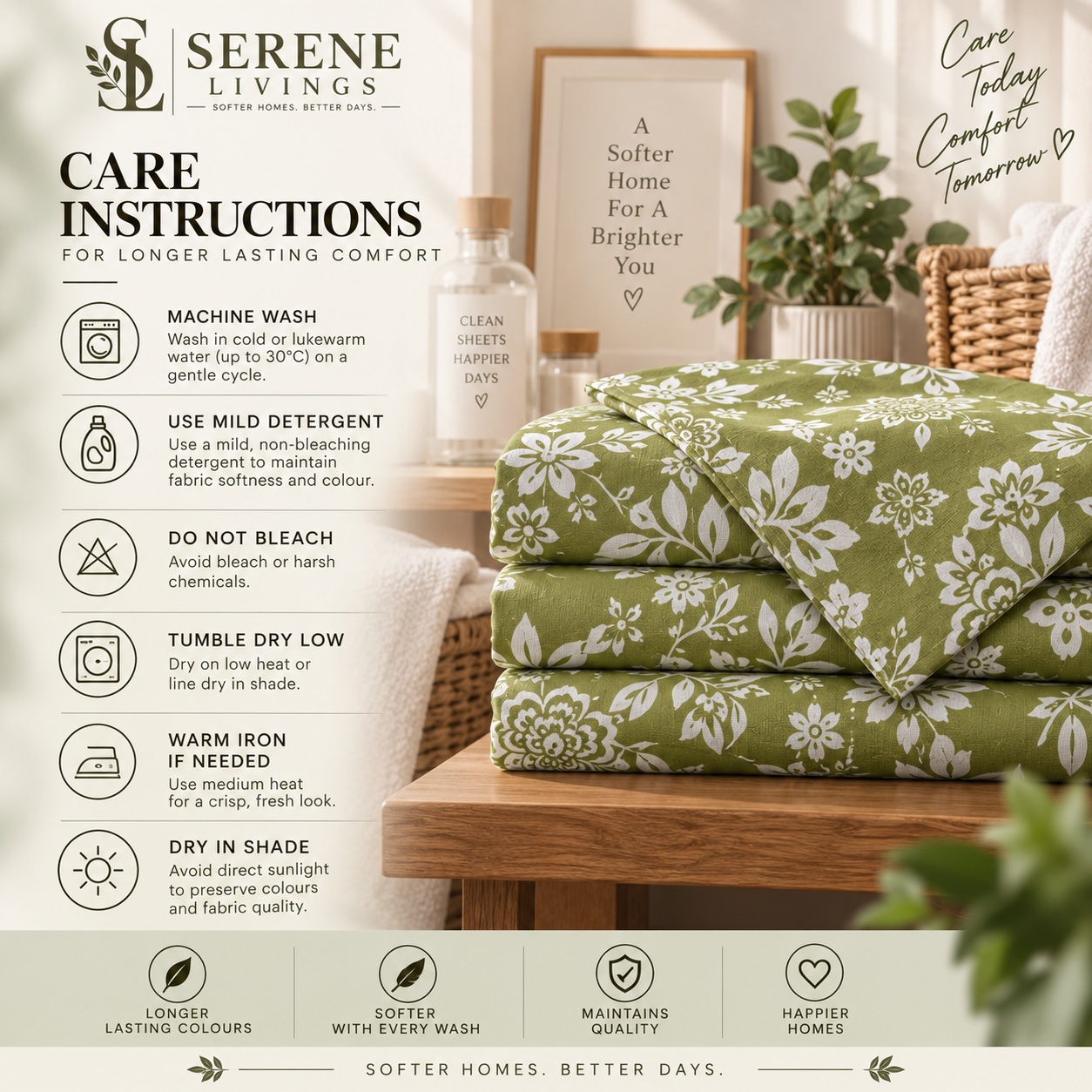 Serene Livings Dublin Dreams Bedsheet – Meadow Sage Damask (Super King 108" × 108") – Washing & Care Instructions
