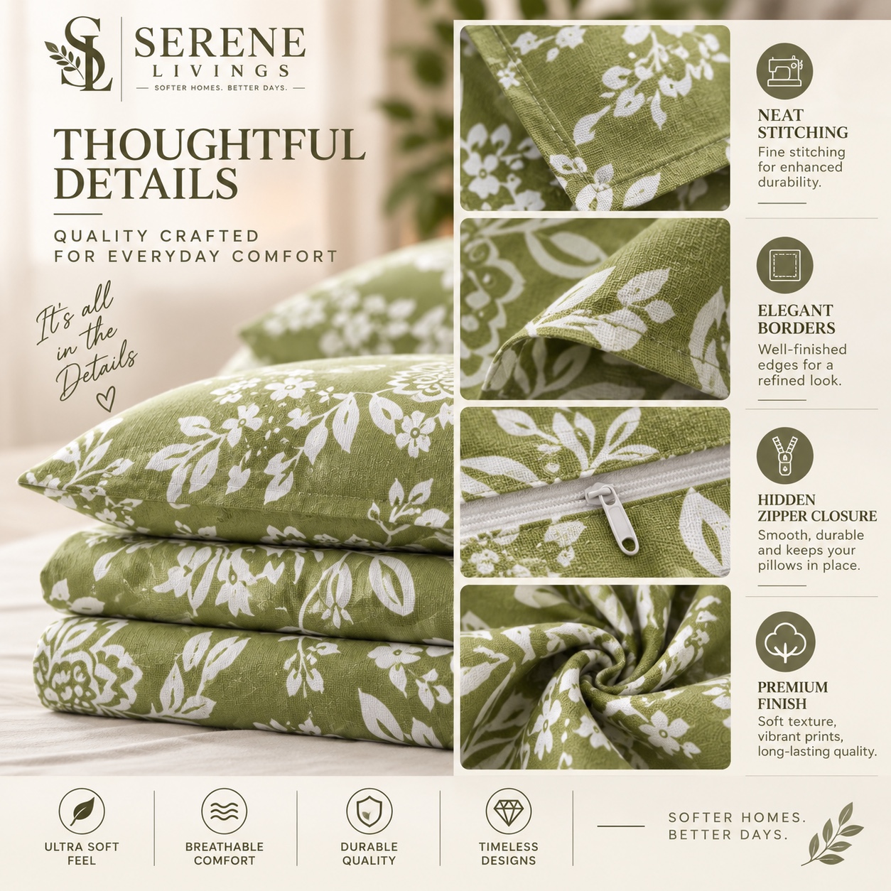 Serene Livings Dublin Dreams Bedsheet – Meadow Sage Damask (Super King 108" × 108") – Craftsmanship & Stitching Details