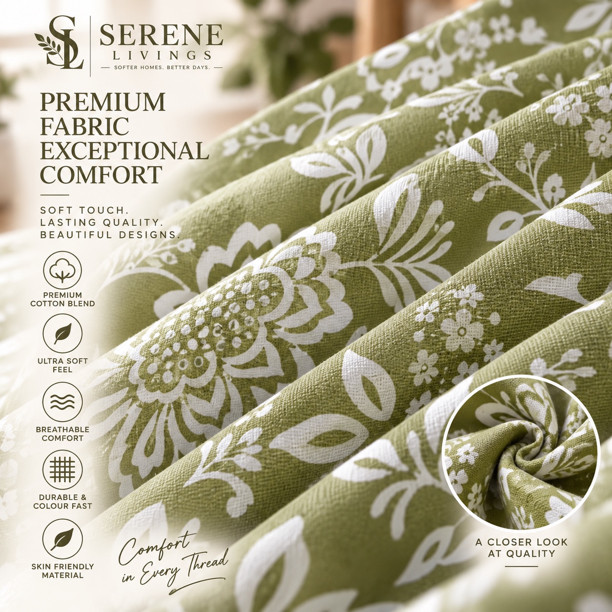 Serene Livings Dublin Dreams Bedsheet – Meadow Sage Damask (Super King 108" × 108") – Fabric & Weave Texture Close-up