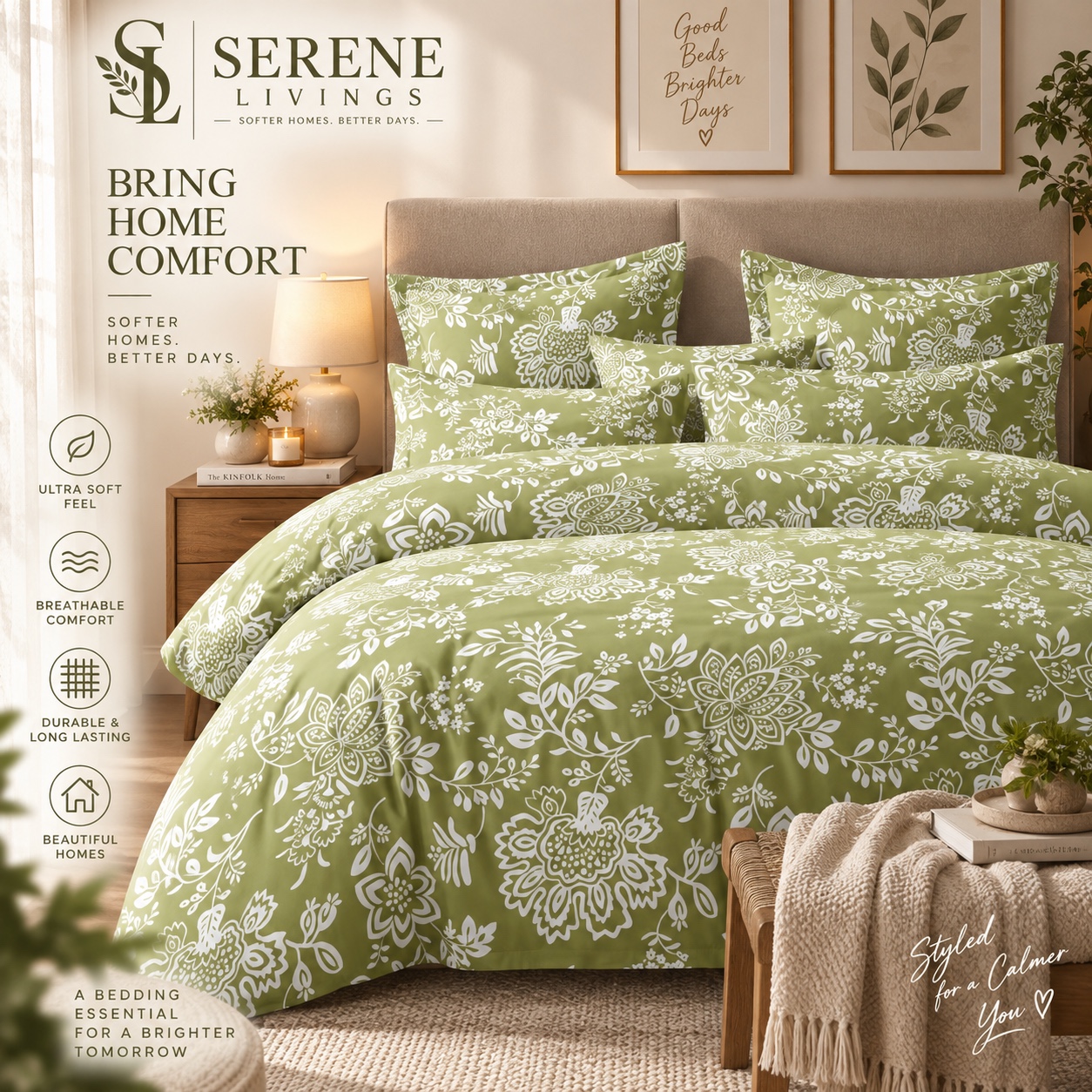 Serene Livings Dublin Dreams Bedsheet – Meadow Sage Damask (Super King 108" × 108") – Hero Lifestyle Presentation