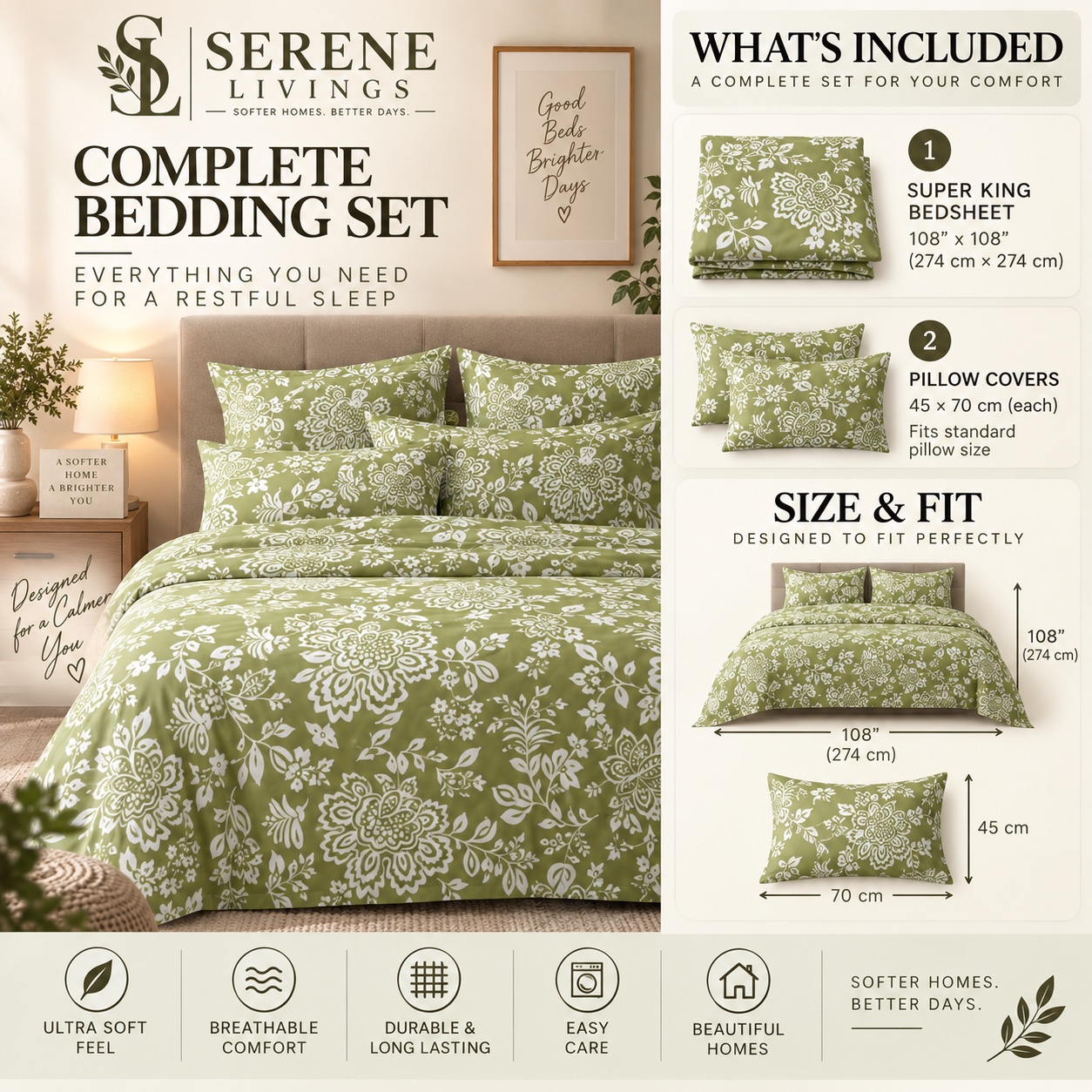 Serene Livings Dublin Dreams Bedsheet – Meadow Sage Damask (Super King 108" × 108") – What is Included & Bedding Dimensions