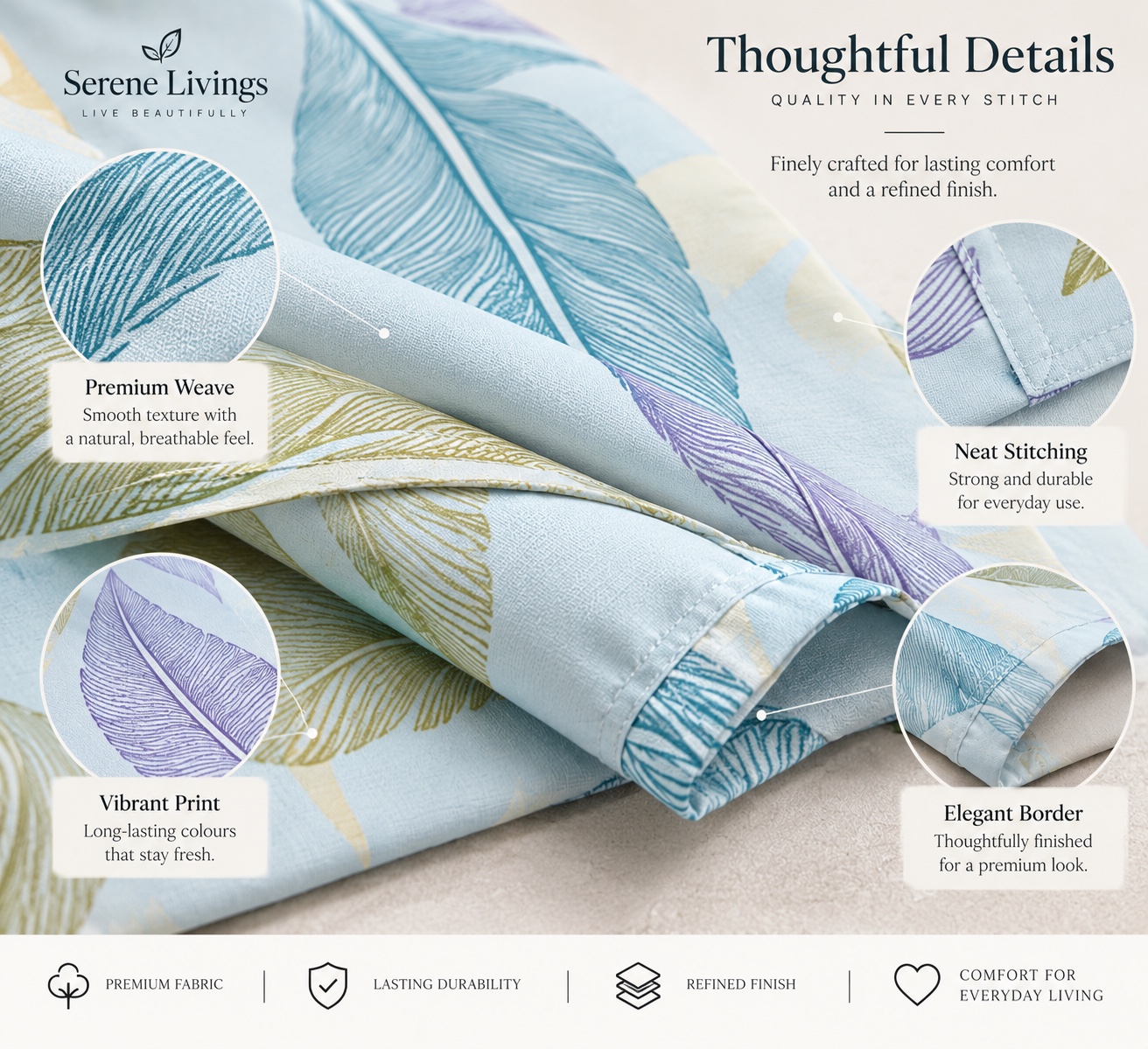 Serene Livings Dublin Dreams Bedsheet – Pastel Brushstroke Mosaic (Super King 108" × 108") – Craftsmanship & Stitching Details