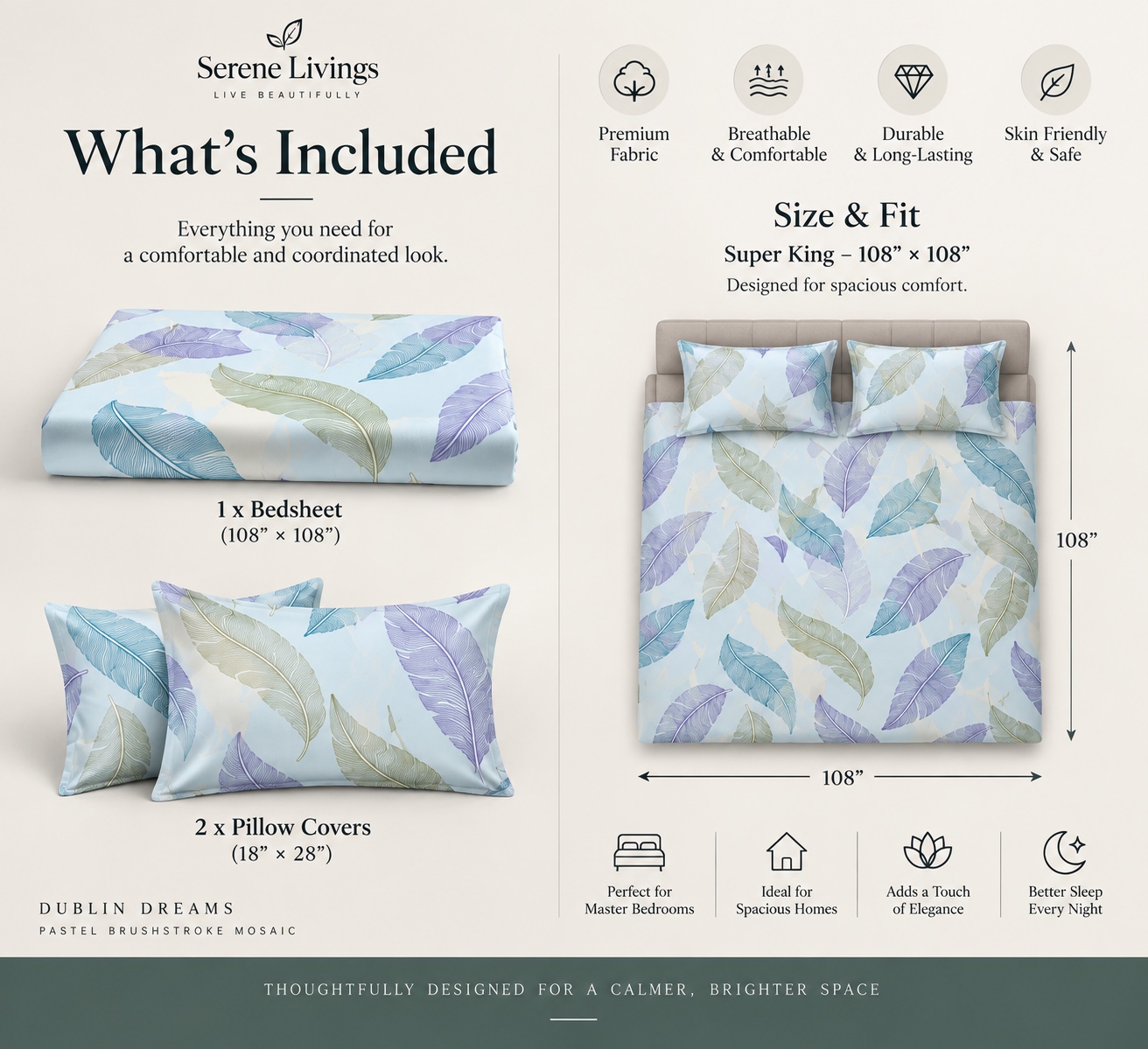 Serene Livings Dublin Dreams Bedsheet – Pastel Brushstroke Mosaic (Super King 108" × 108") – Inclusions & Sizing Breakdown