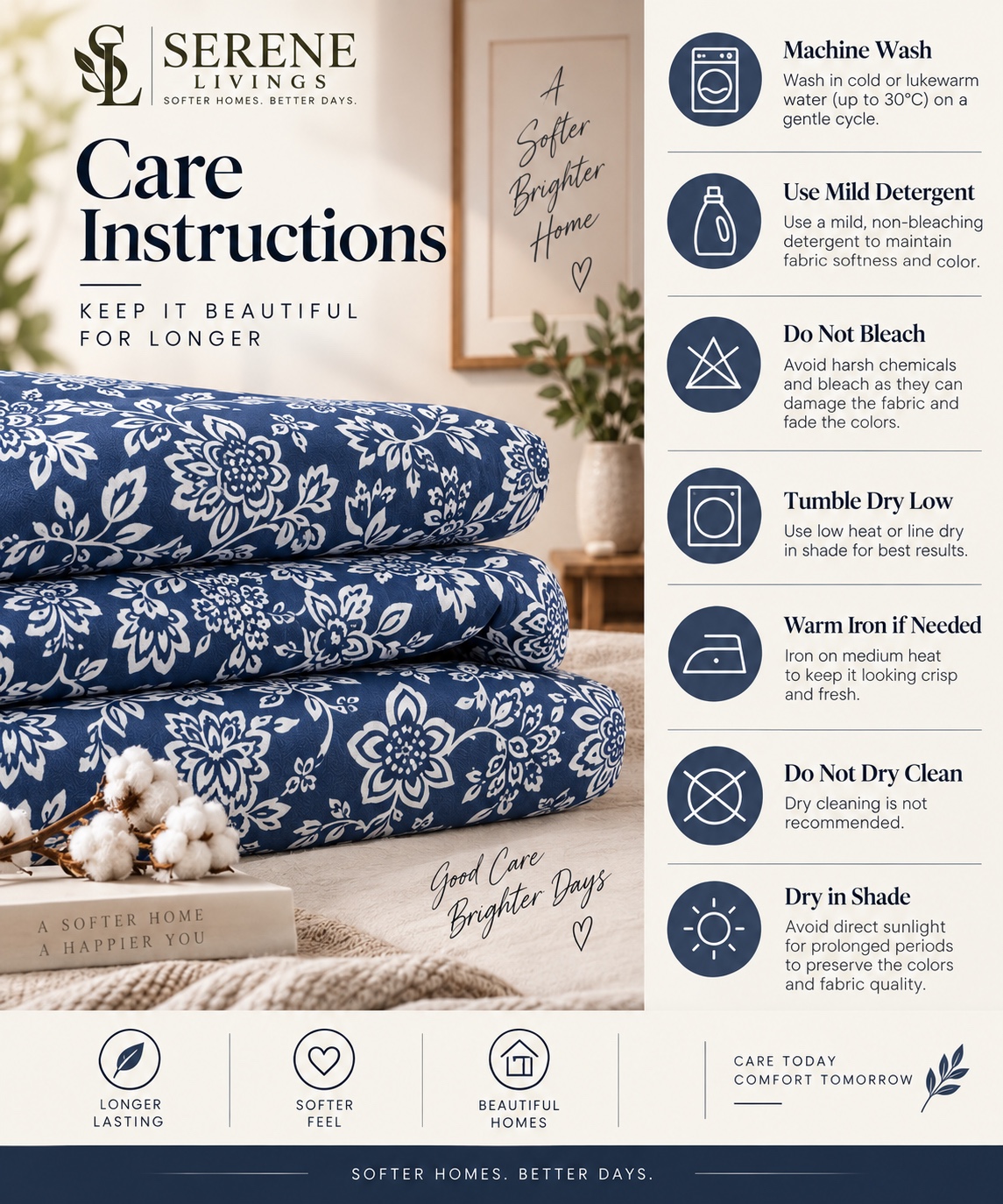 Serene Livings Dublin Dreams Bedsheet – Sapphire Blue Damask (Super King 108" × 108") – Washing & Care Instructions