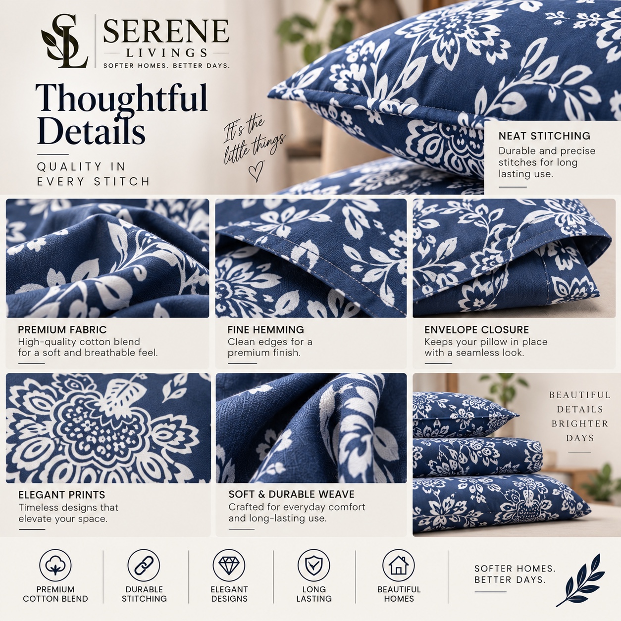 Serene Livings Dublin Dreams Bedsheet – Sapphire Blue Damask (Super King 108" × 108") – Craftsmanship & Stitching Details