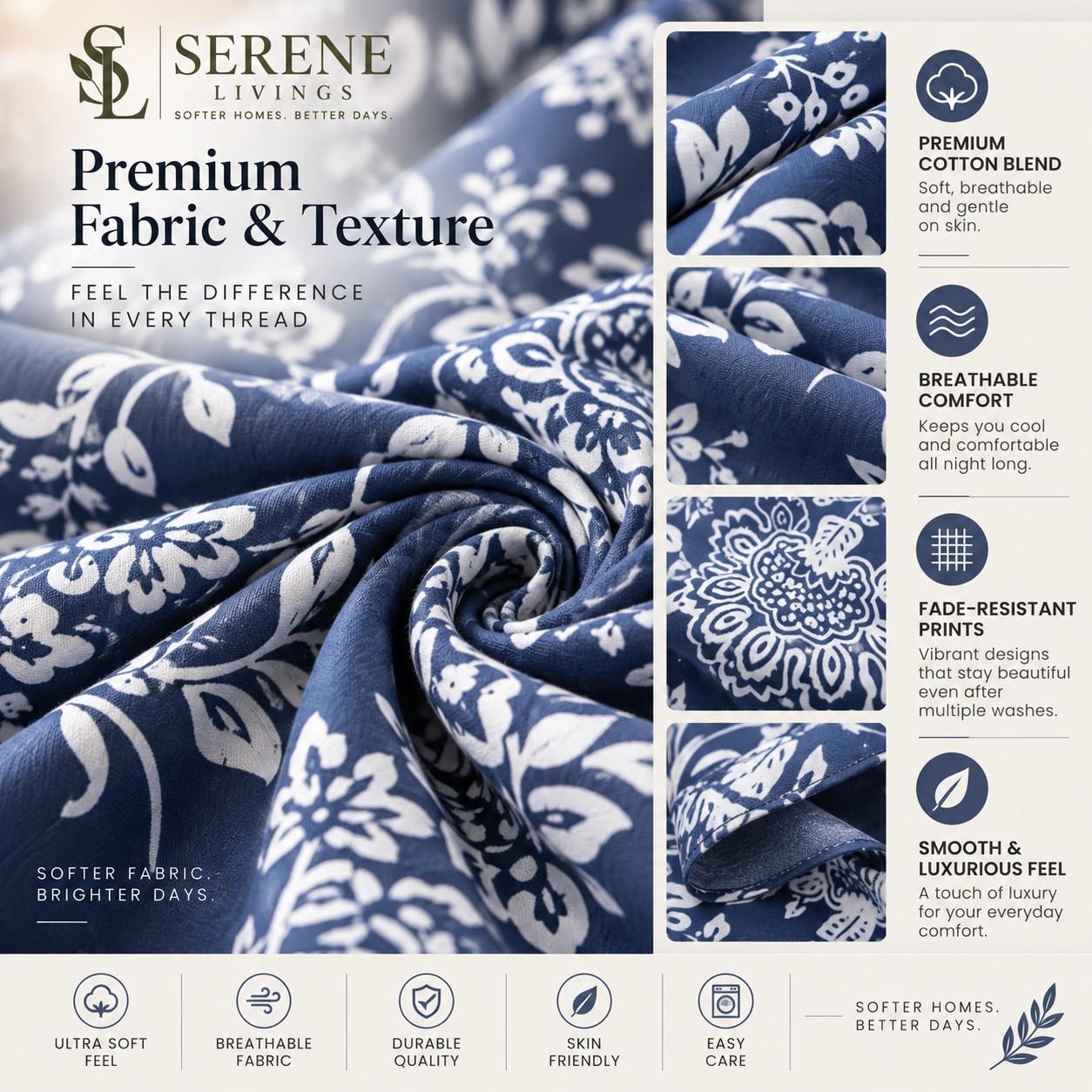 Serene Livings Dublin Dreams Bedsheet – Sapphire Blue Damask (Super King 108" × 108") – Fabric & Weave Texture Close-up