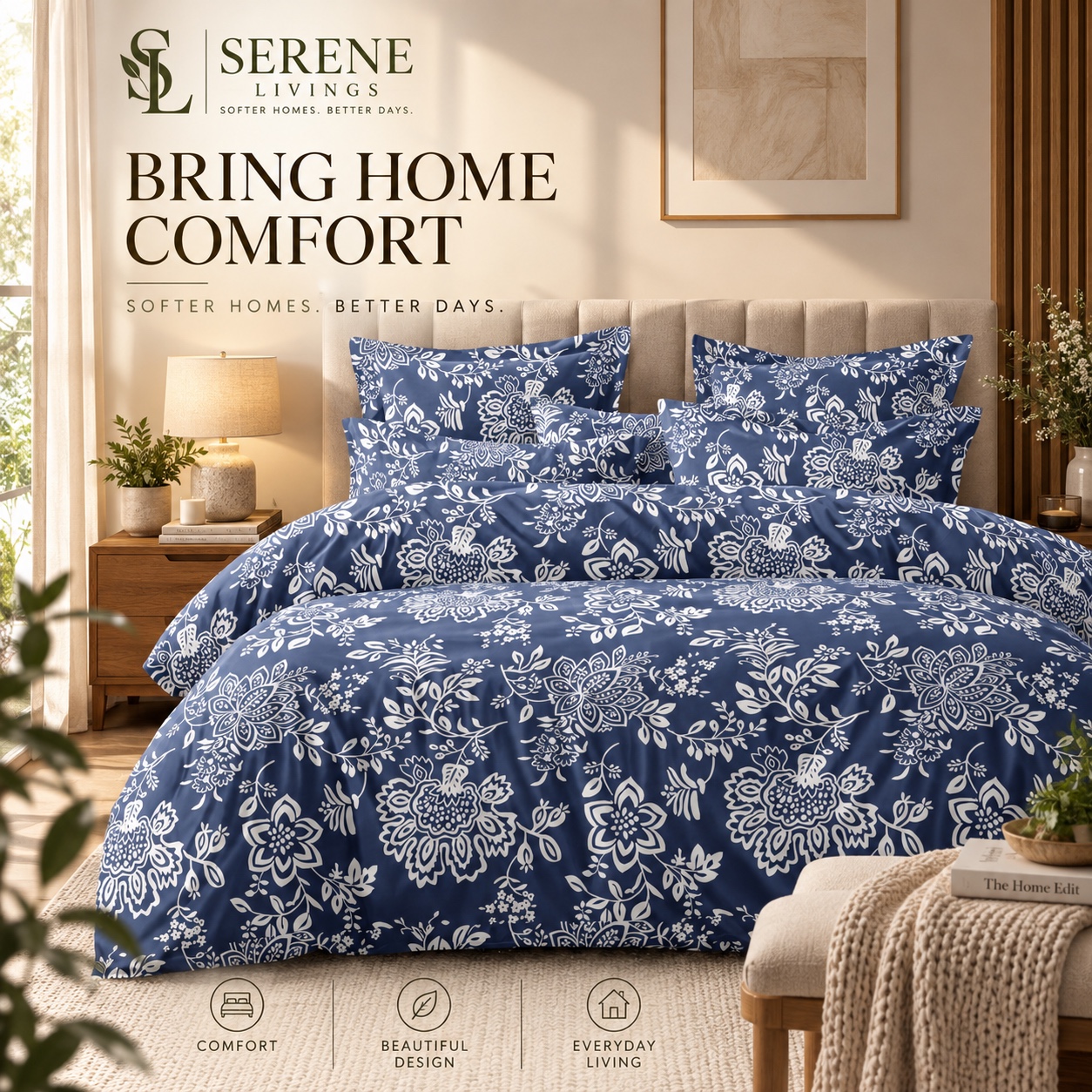 Serene Livings Dublin Dreams Bedsheet – Sapphire Blue Damask (Super King 108" × 108") – Hero Lifestyle Presentation