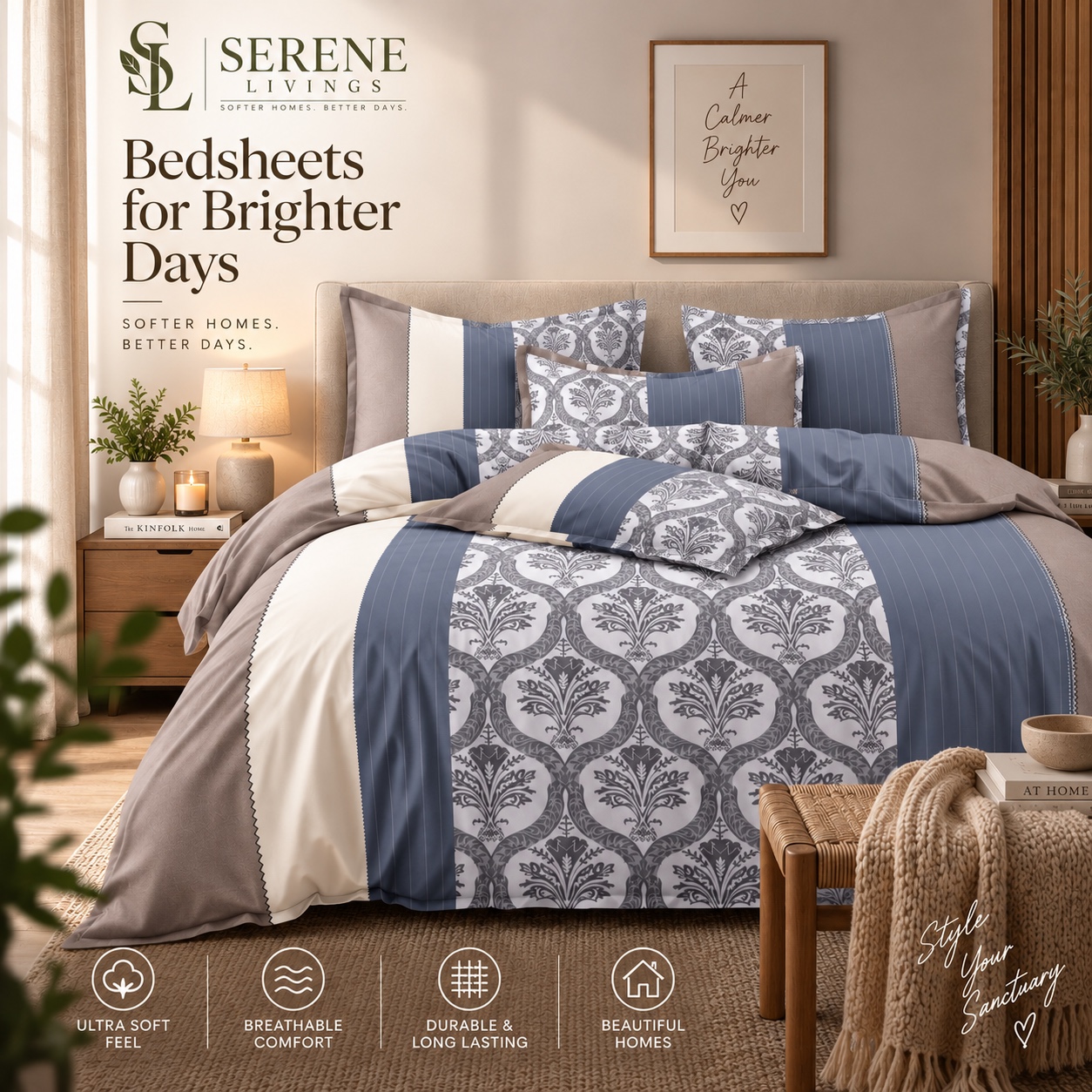 Serene Livings Dublin Dreams Bedsheet – Slate Damask Grandeur (Super King 108" × 108") – Alternative Bedroom Styling Angle