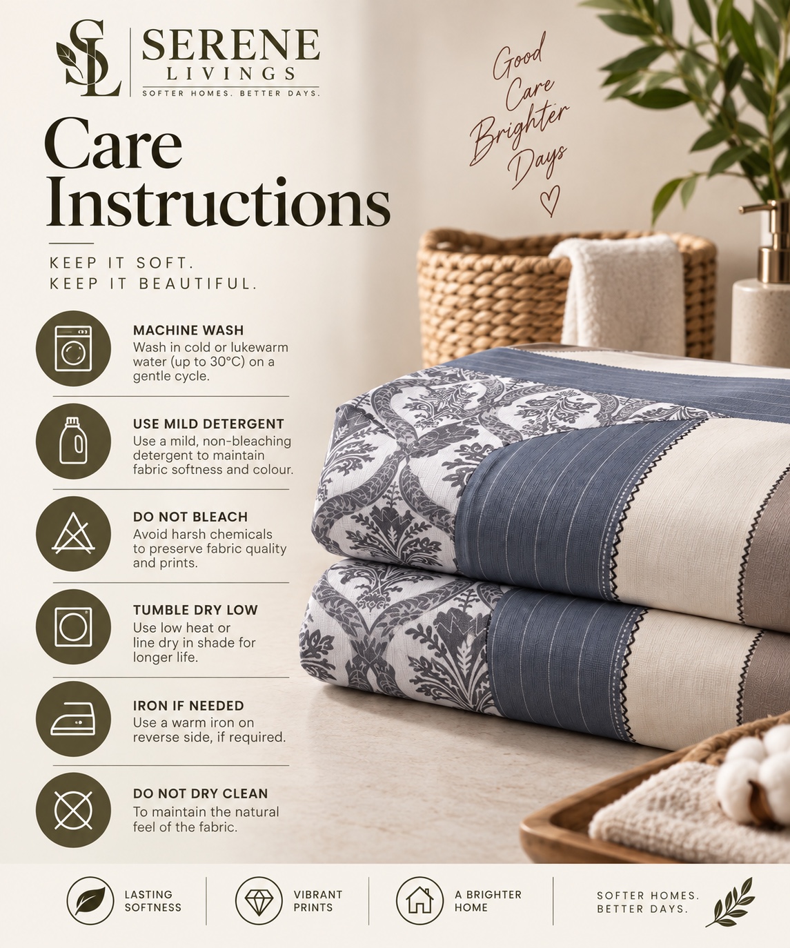 Serene Livings Dublin Dreams Bedsheet – Slate Damask Grandeur (Super King 108" × 108") – Washing & Care Instructions
