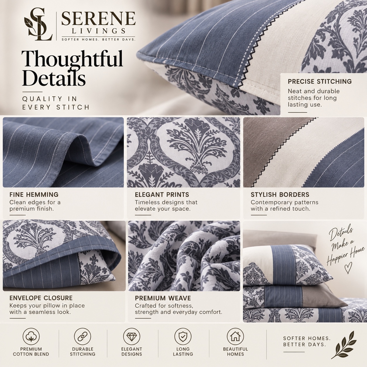 Serene Livings Dublin Dreams Bedsheet – Slate Damask Grandeur (Super King 108" × 108") – Craftsmanship & Stitching Details
