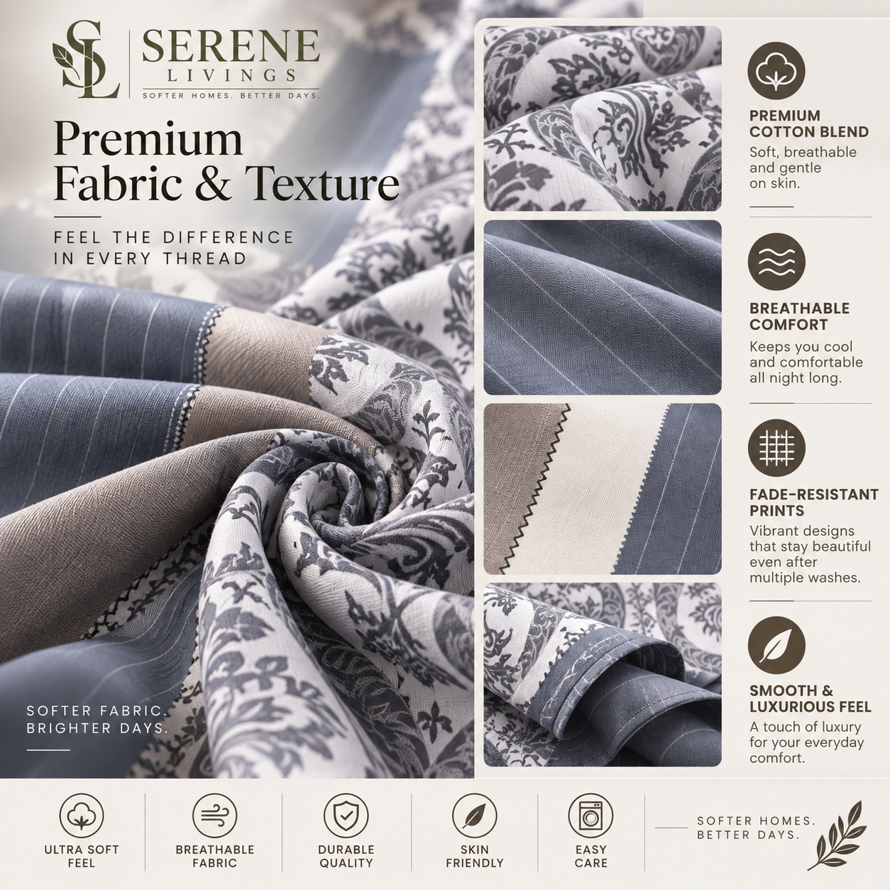 Serene Livings Dublin Dreams Bedsheet – Slate Damask Grandeur (Super King 108" × 108") – Fabric & Weave Texture Close-up