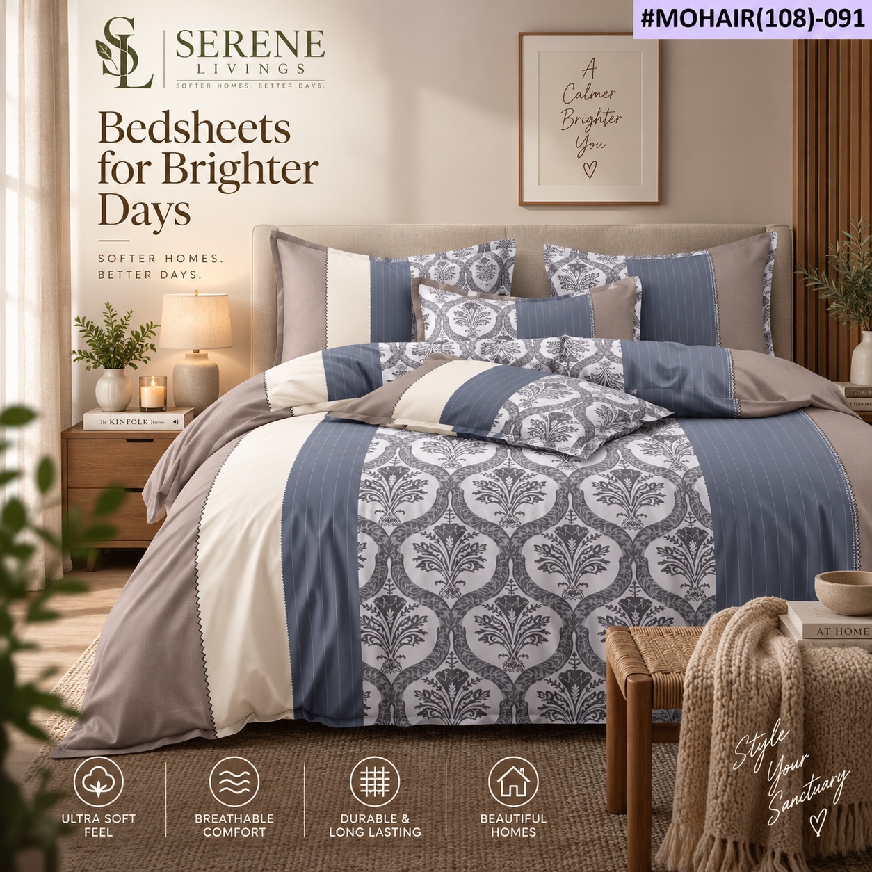 Serene Livings Dublin Dreams Bedsheet – Slate Damask Grandeur (Super King 108" × 108") – Hero Lifestyle Presentation