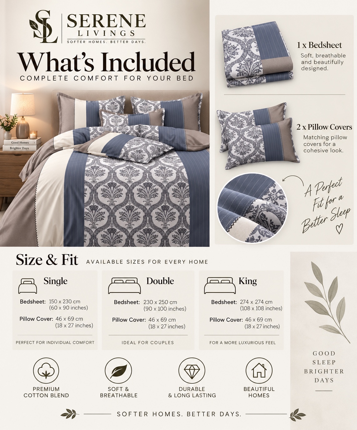 Serene Livings Dublin Dreams Bedsheet – Slate Damask Grandeur (Super King 108" × 108") – What is Included & Bedding Dimensions