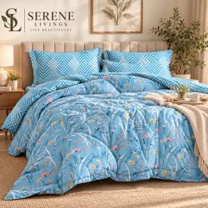 Serene Livings Lamina Ultra Comfy 4 Pcs Set with Reversible Quilt - Cerulean Wildflower Field and Cyan Chevron in bright bedroom